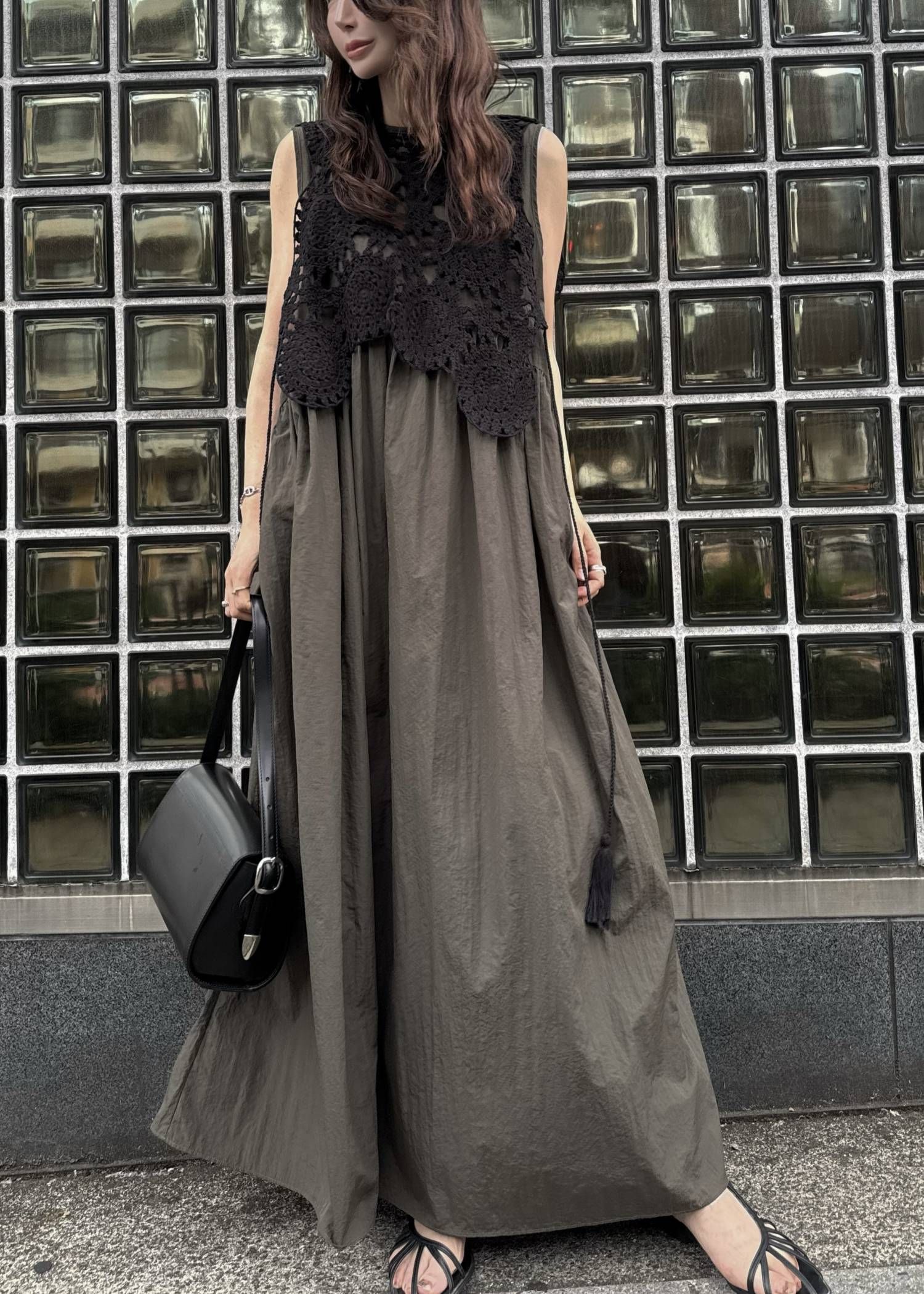 クロシェ ナイロンワンピース (カーキ) crochet knit layered nylon OP (Khaki) /  26SS