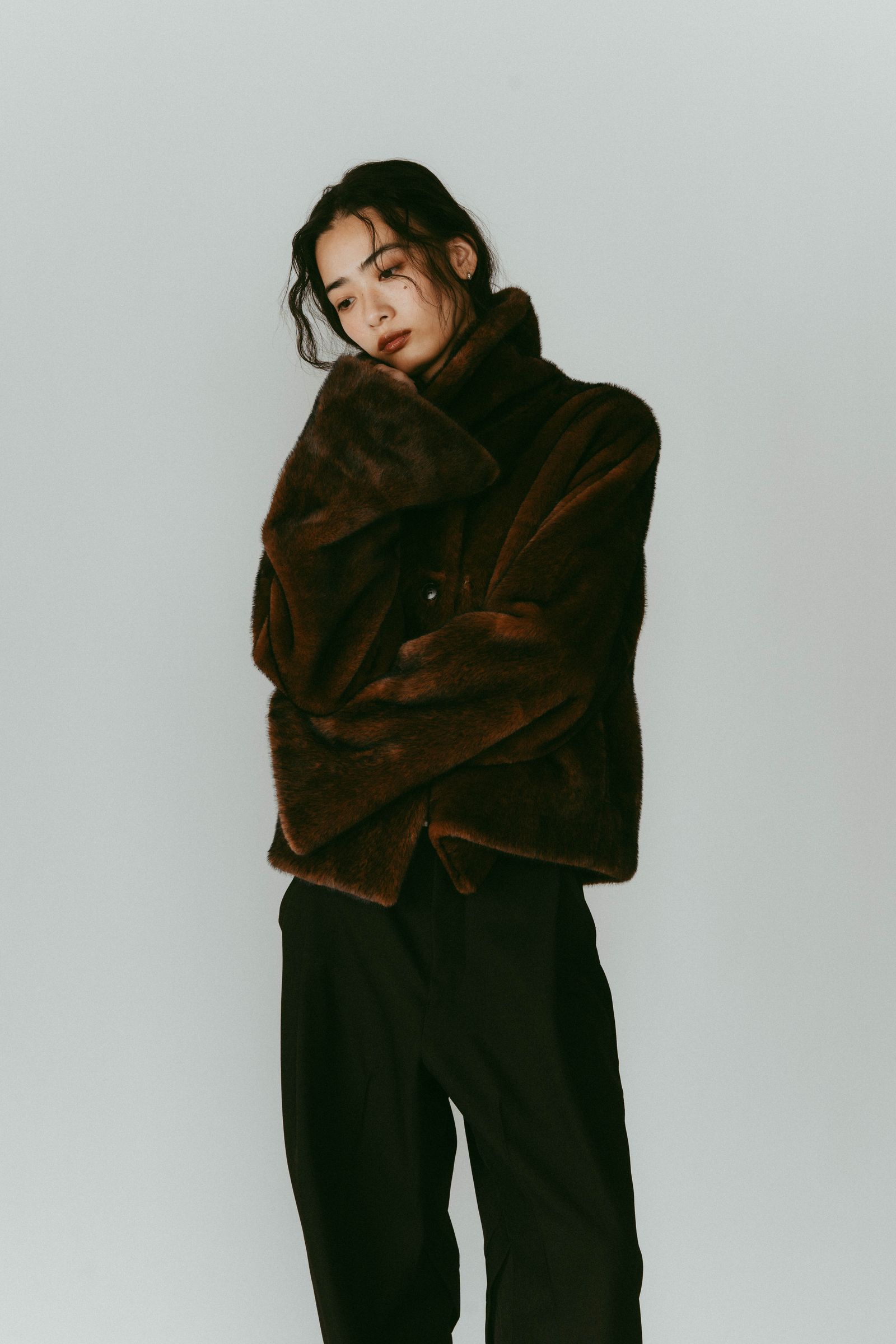 point collar fur coat / ポイントカラー ファーコートジャケット (ブラウン) / 25AW