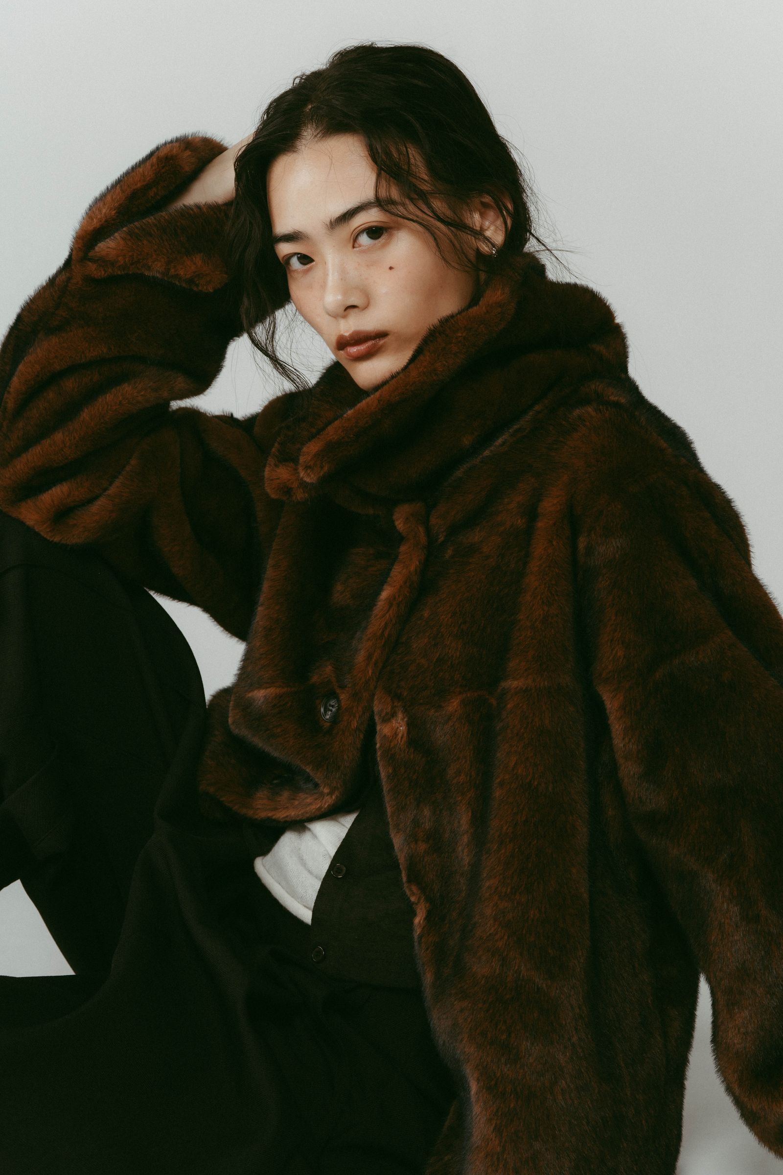 point collar fur coat / ポイントカラー ファーコートジャケット (ブラウン) / 25AW