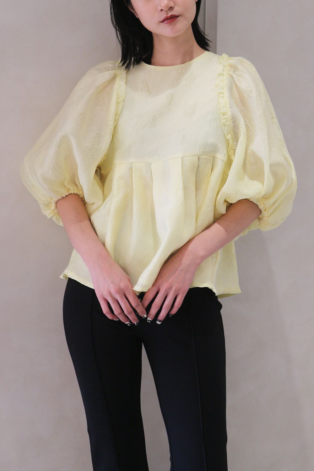 VOLUME SLEEVE JACQUARD TOPS / ボリュームスリーブジャカードトップス (イエロー)