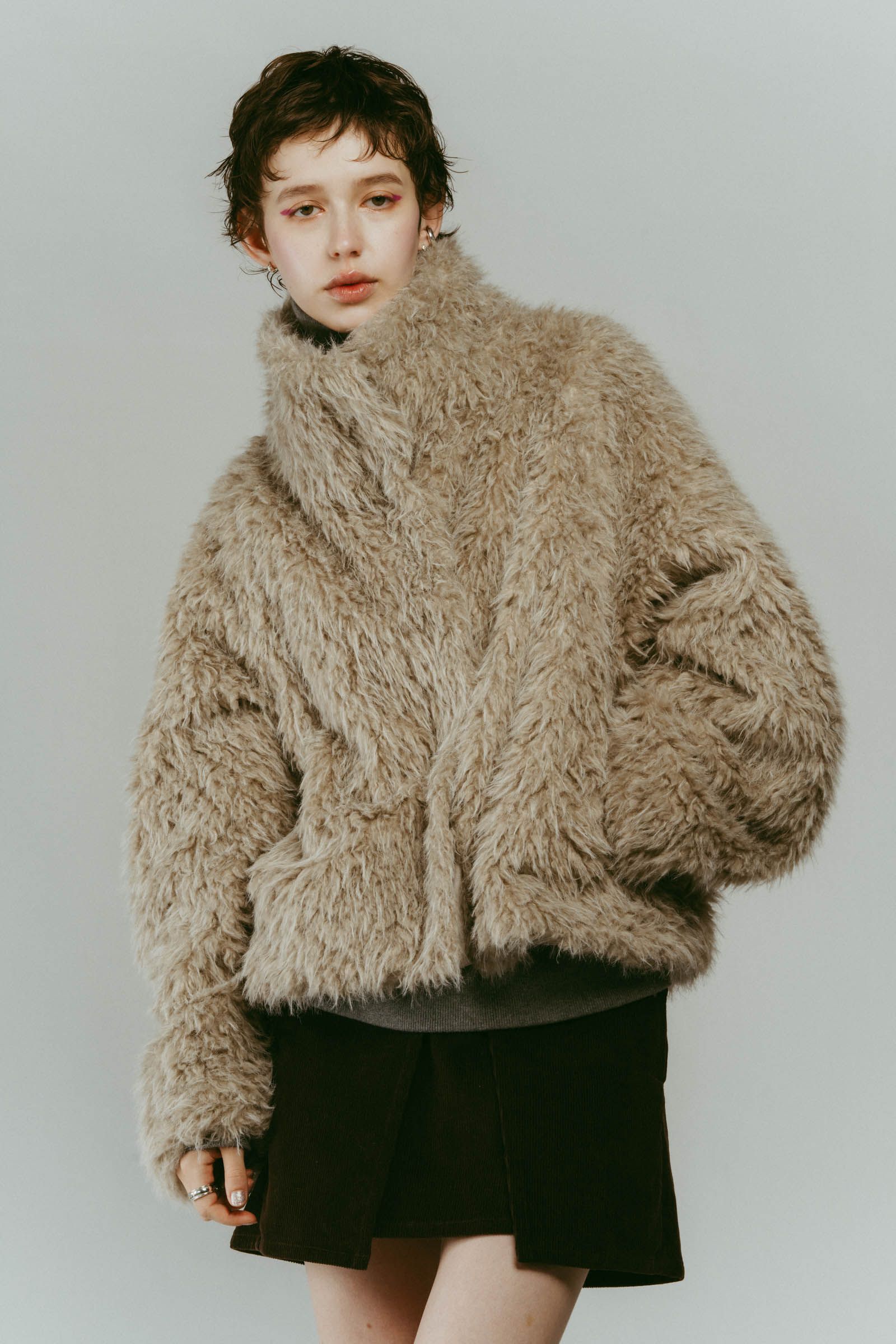 shaggy stand collar coat / シャギースタンドカラーコートブルゾン (アイボリー) / 25AW