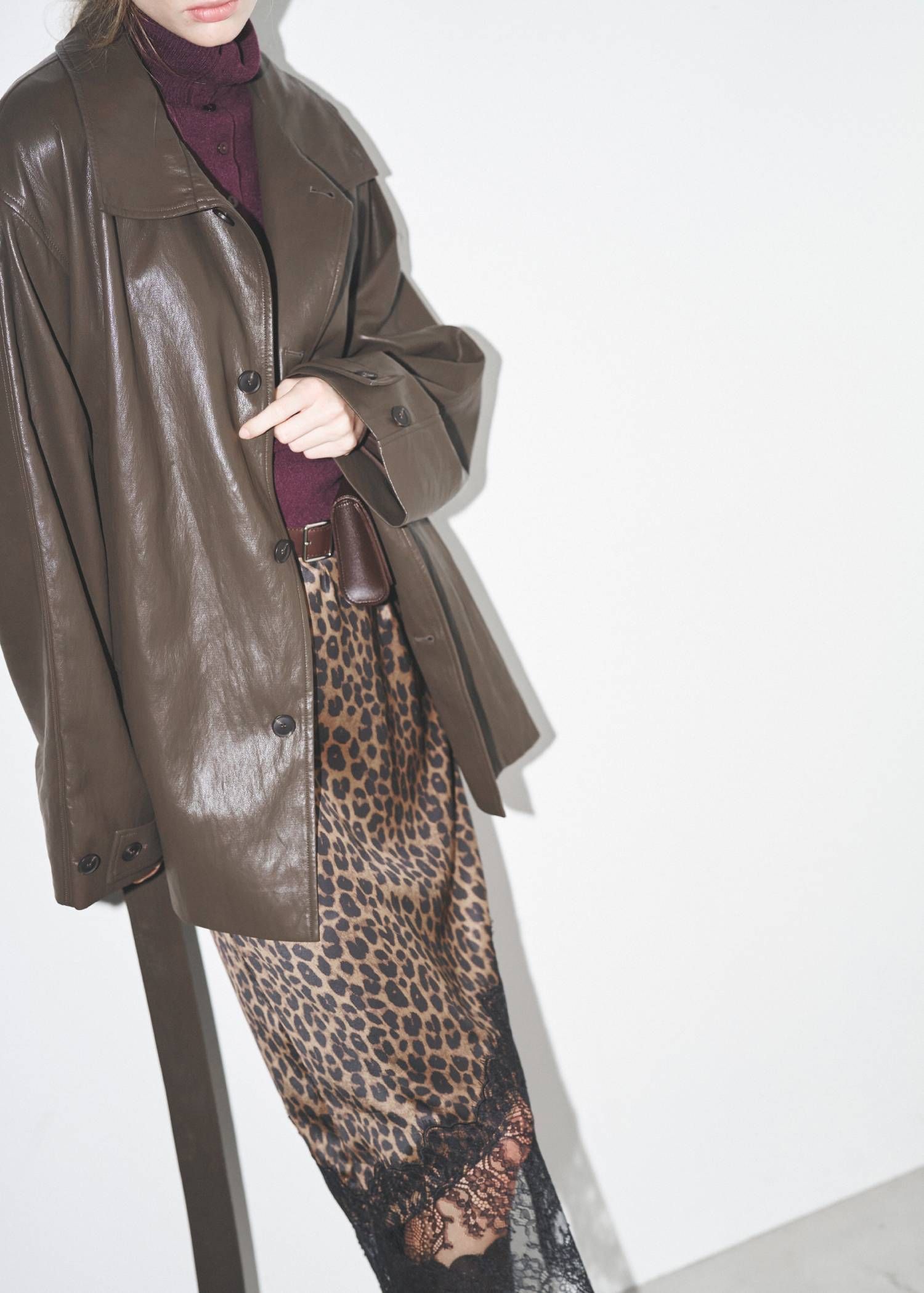 スタンドカラー レザージャケット (ブラウン) stand collar over size synthetic leather JK (Brown) /  26AW