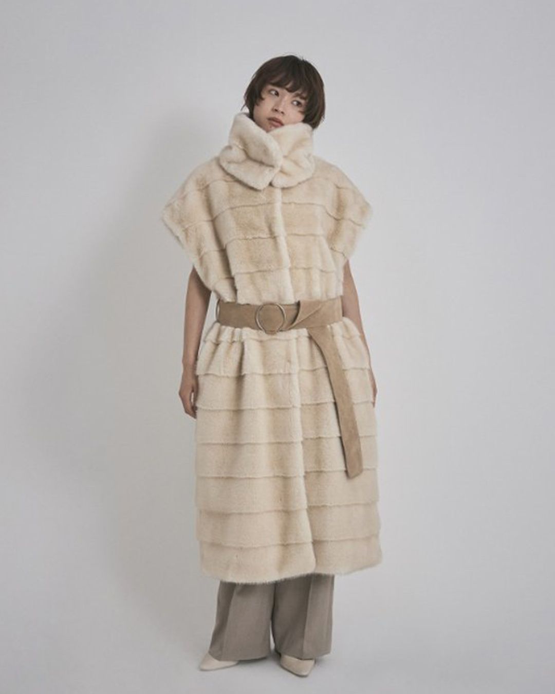 【先行予約】【26TH-10】ミンク調ファーロングベスト (アイボリー) Mink Like Fur Long Vest (Ivory) /  エコファー  /  フェイクファー 【受注期間6/14 23:59まで】
