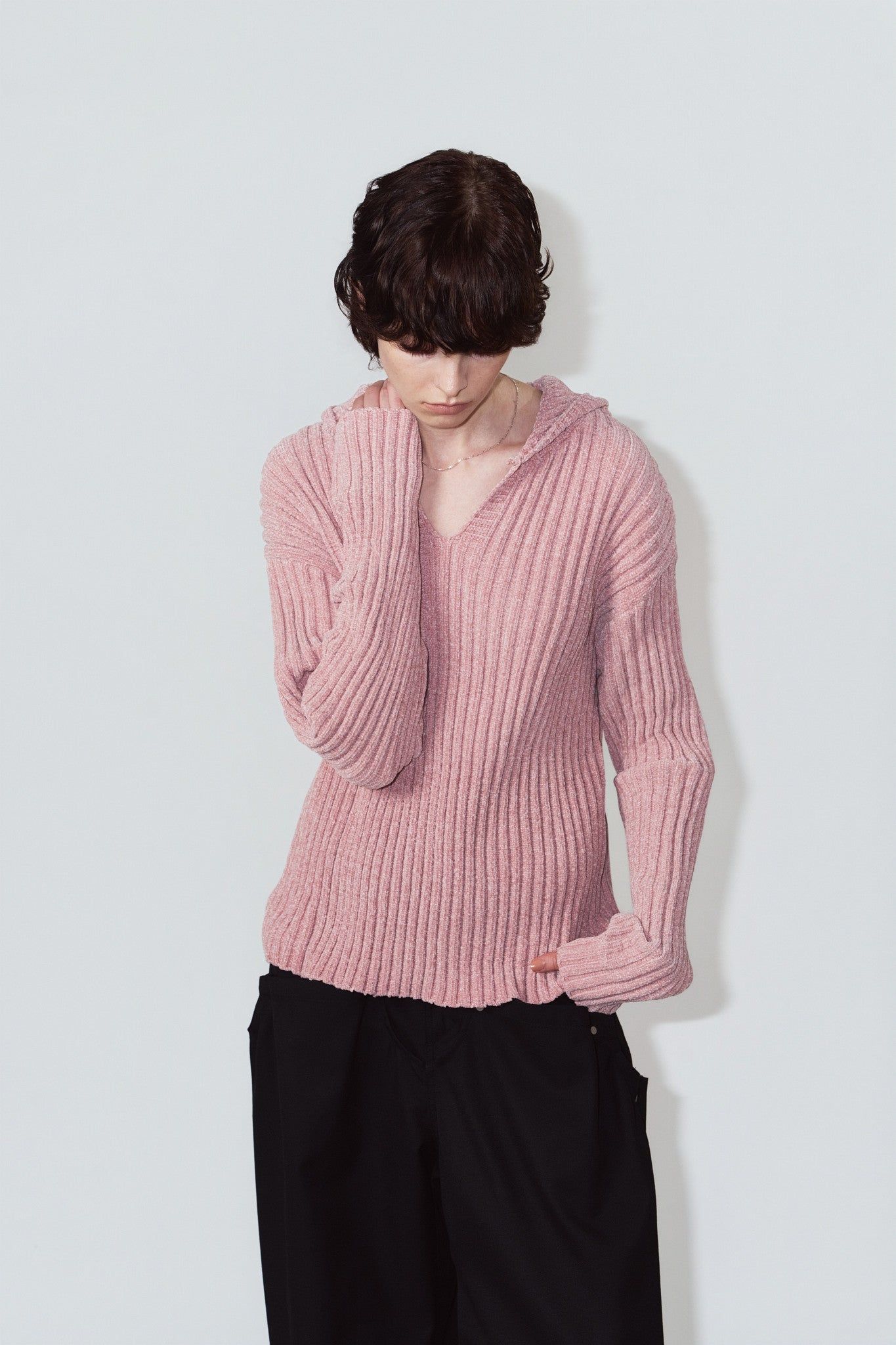 ブークレ ニット フーディ (ピンク) rib hoodie boucle knit (Pink) / 26AW