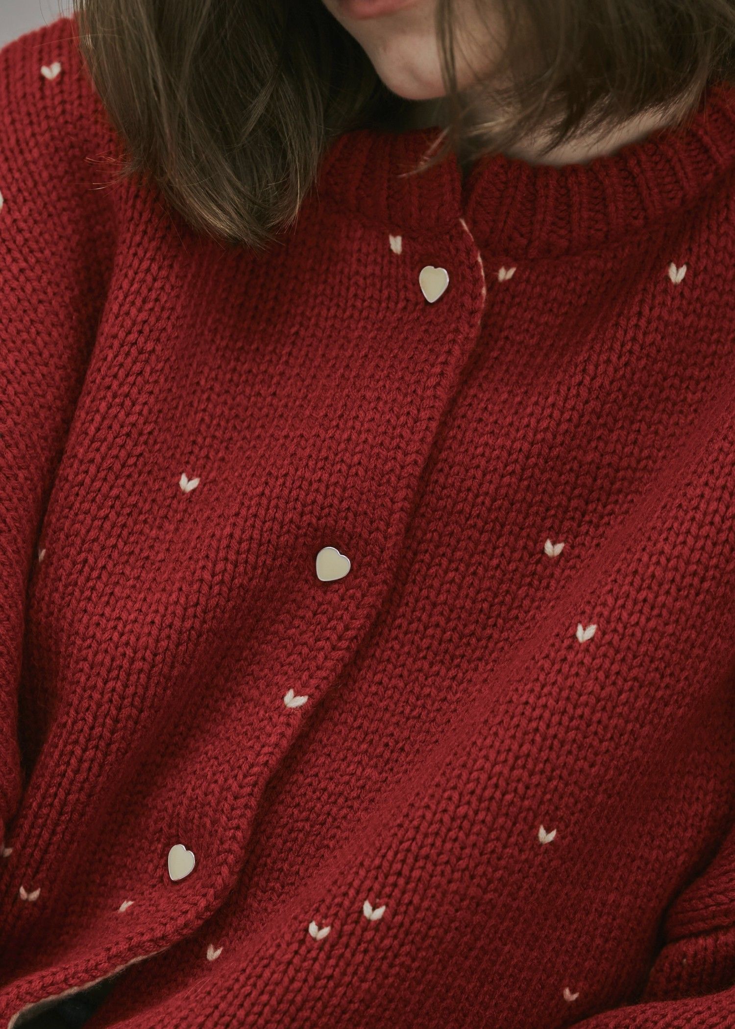 heart dot jacquard reversible cropped knit cardigan / ハートドット ジャガード リバーシブルクロップドカーディガン (レッド×タン) / 25AW