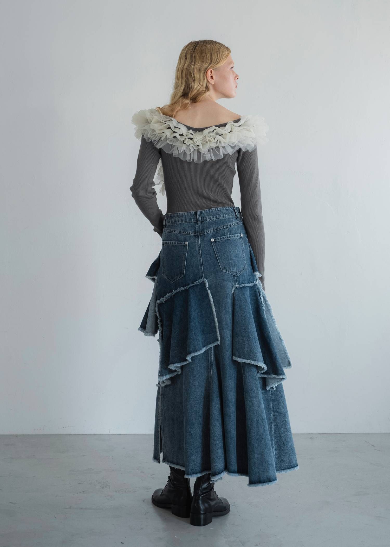 ランダム ティアードフリル デニムスカート (ブルー) random tiered frill denim SK (Blue) /  26SS