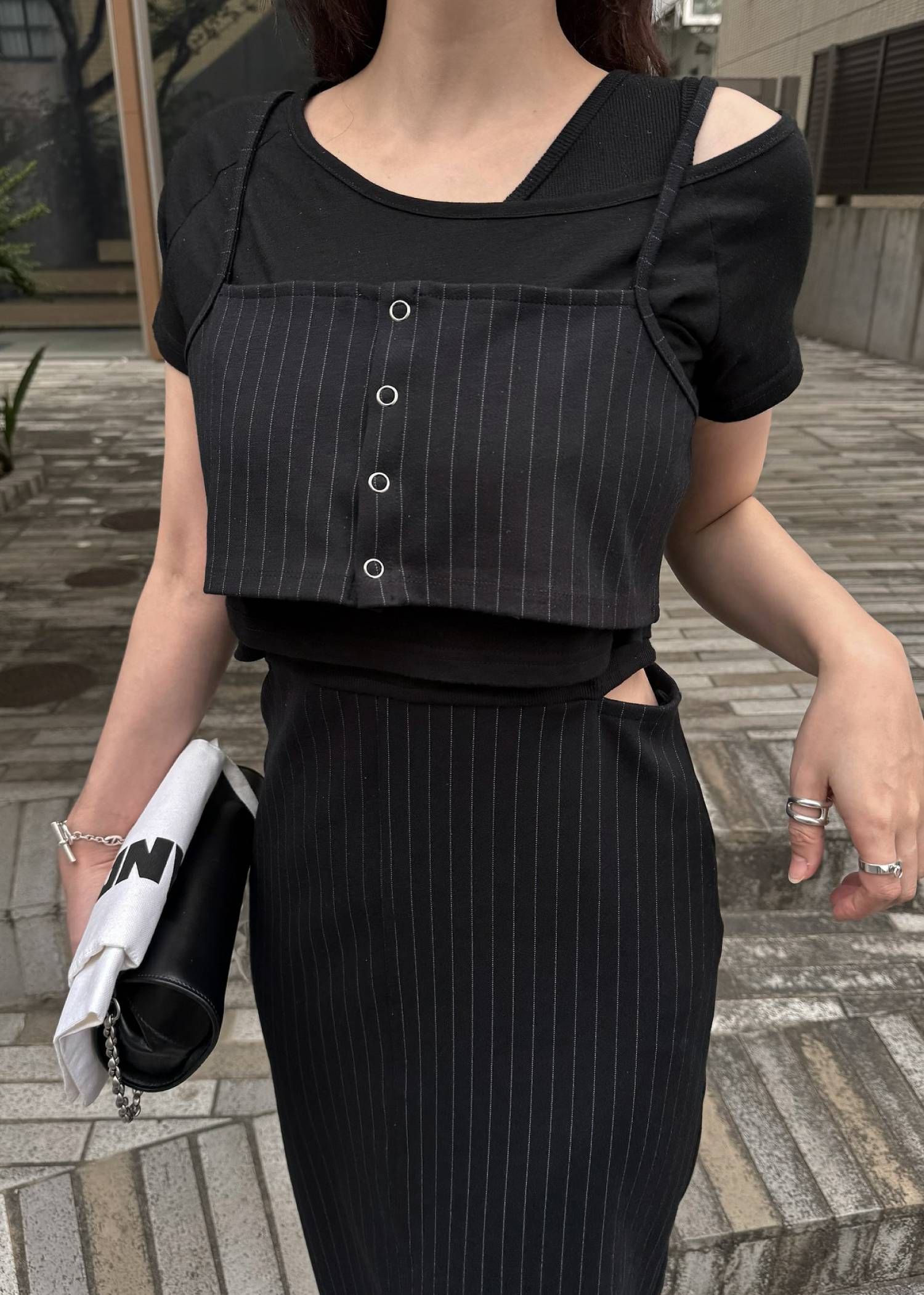 レイヤード3ピース ワンピース (ブラック) asymmetry layered 3 piece stripe OP (Black) /  26SS