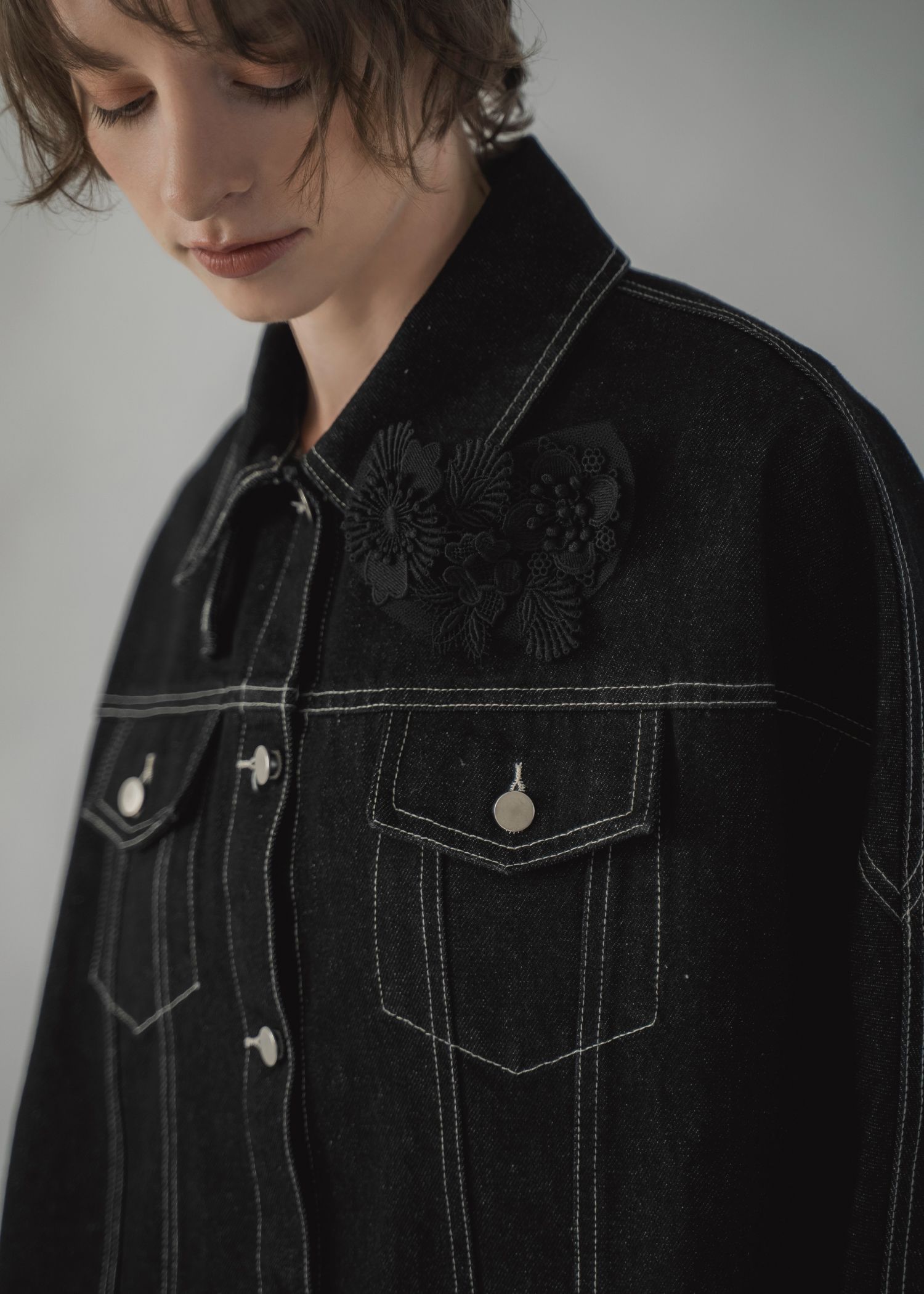 trucker detail denim poncho JK / トラッカー ポンチョ デニムジャケット (Black) / 26SS