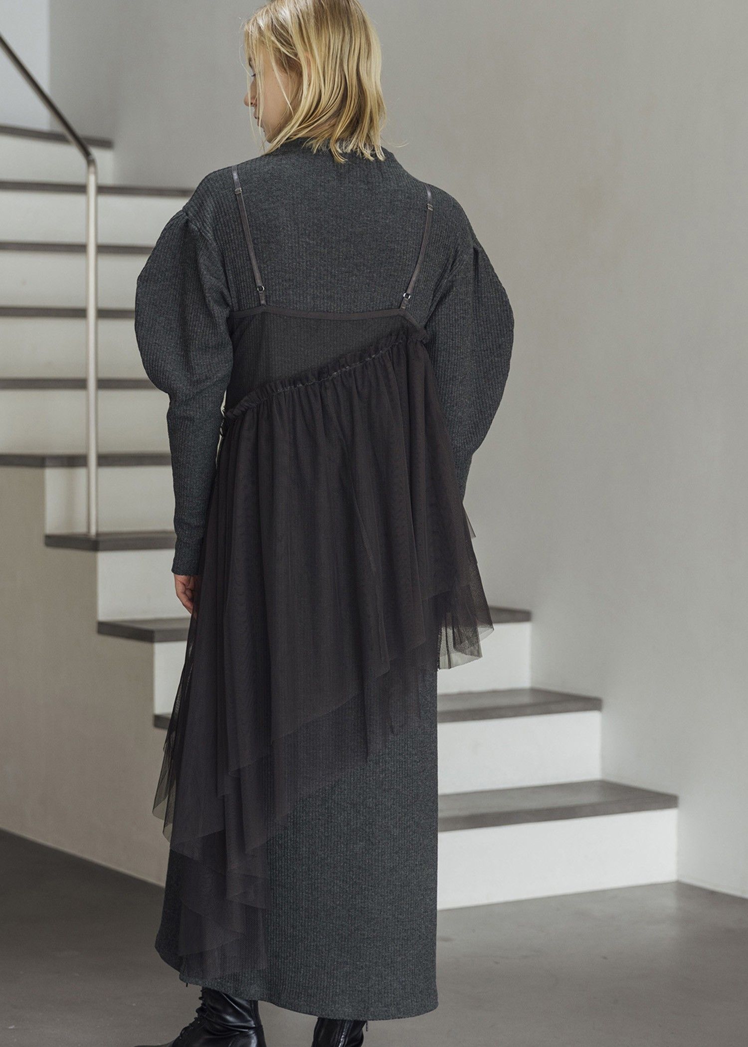 volume sleeve high neck rib OP / ハイネックリブワンピース (チャコール) / 25AW /