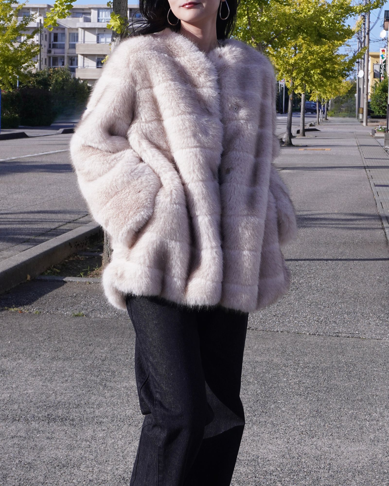 【25AW】Border Fur Coat (クリーム) / ボーダーファーコート / エコファー / フェイクファー
