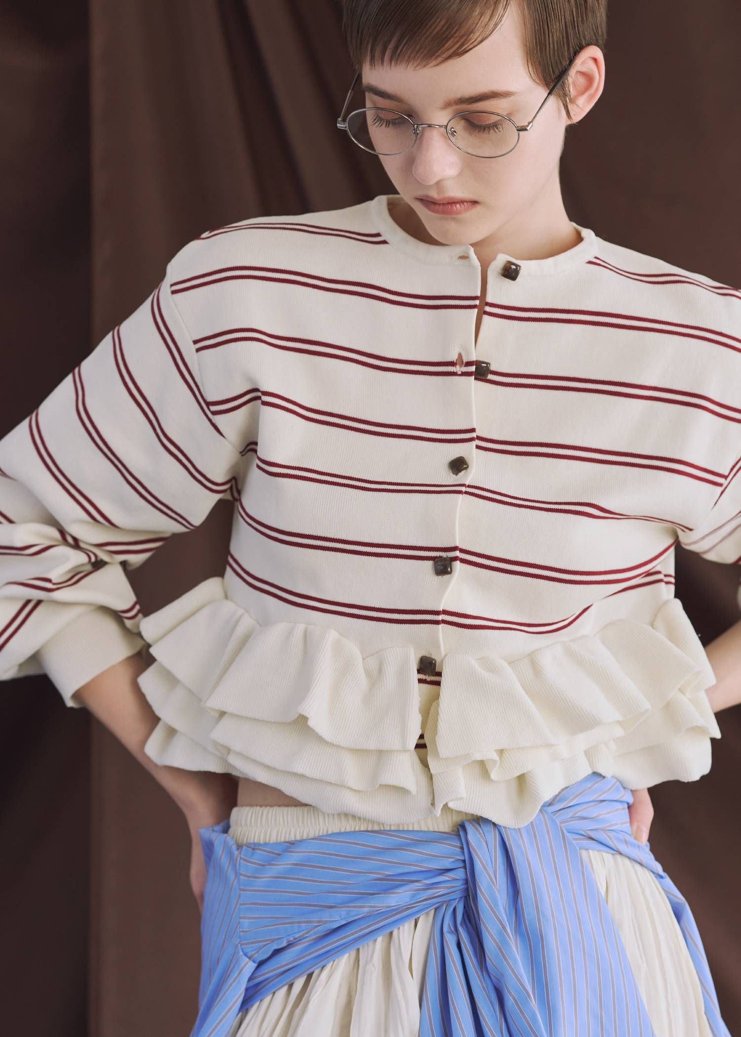 フリルニットカーディガン (レッド) hem ruffle frill knit cardigan (Red) /  26SS