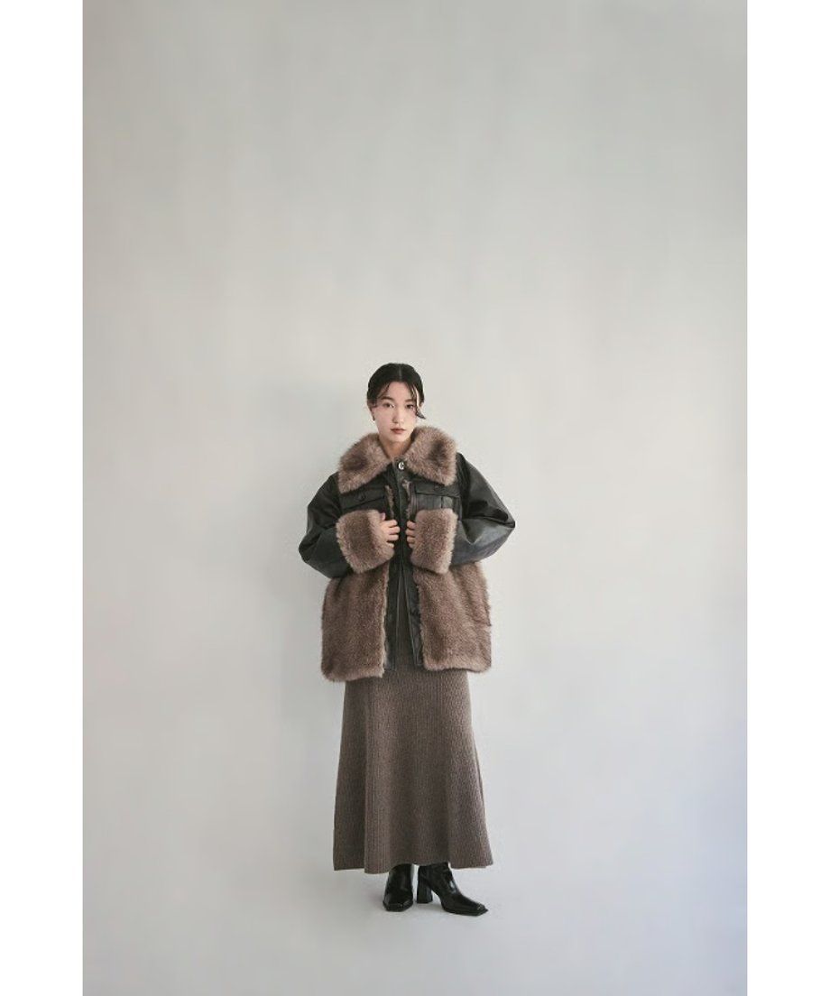 【25AW】Leather Docking Fur Jacket (ブラック) / レザードッキングファージャケット / エコファー / フェイクファー