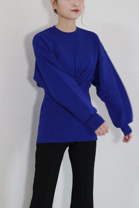 WAIST SHAPE VOLUME KT / ウエストシェイプボリュームニット (ブルー) / ボリューム袖 / スタイルアップ
