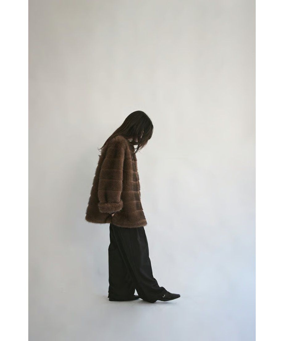 【25AW】Border Fur Coat (ブラウン) / ボーダーファーコート / エコファー / フェイクファー