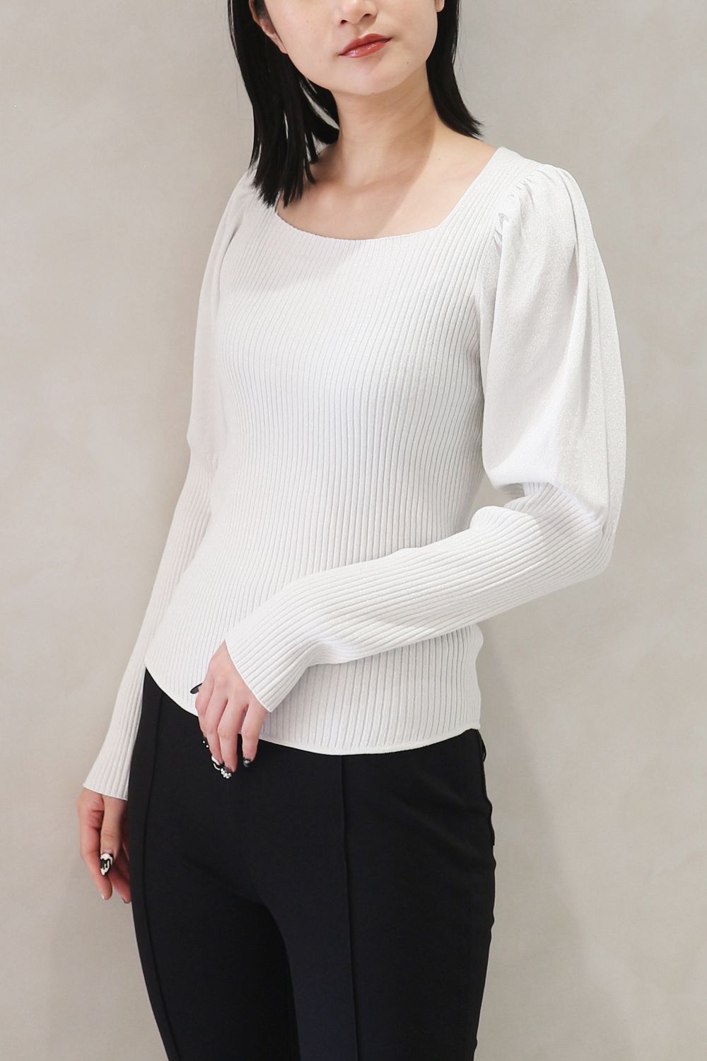 GLITTER KNIT VOLUME SLEEVE TOPS / ラメニットボリュームスリーブリブトップス (ライトグレー)