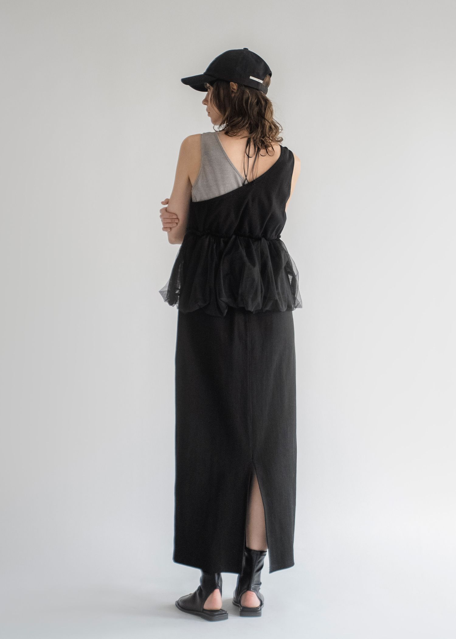 tulle peplum docking rib OP (Black) / チュールペプラムワンピース (オートミール) / 26SS