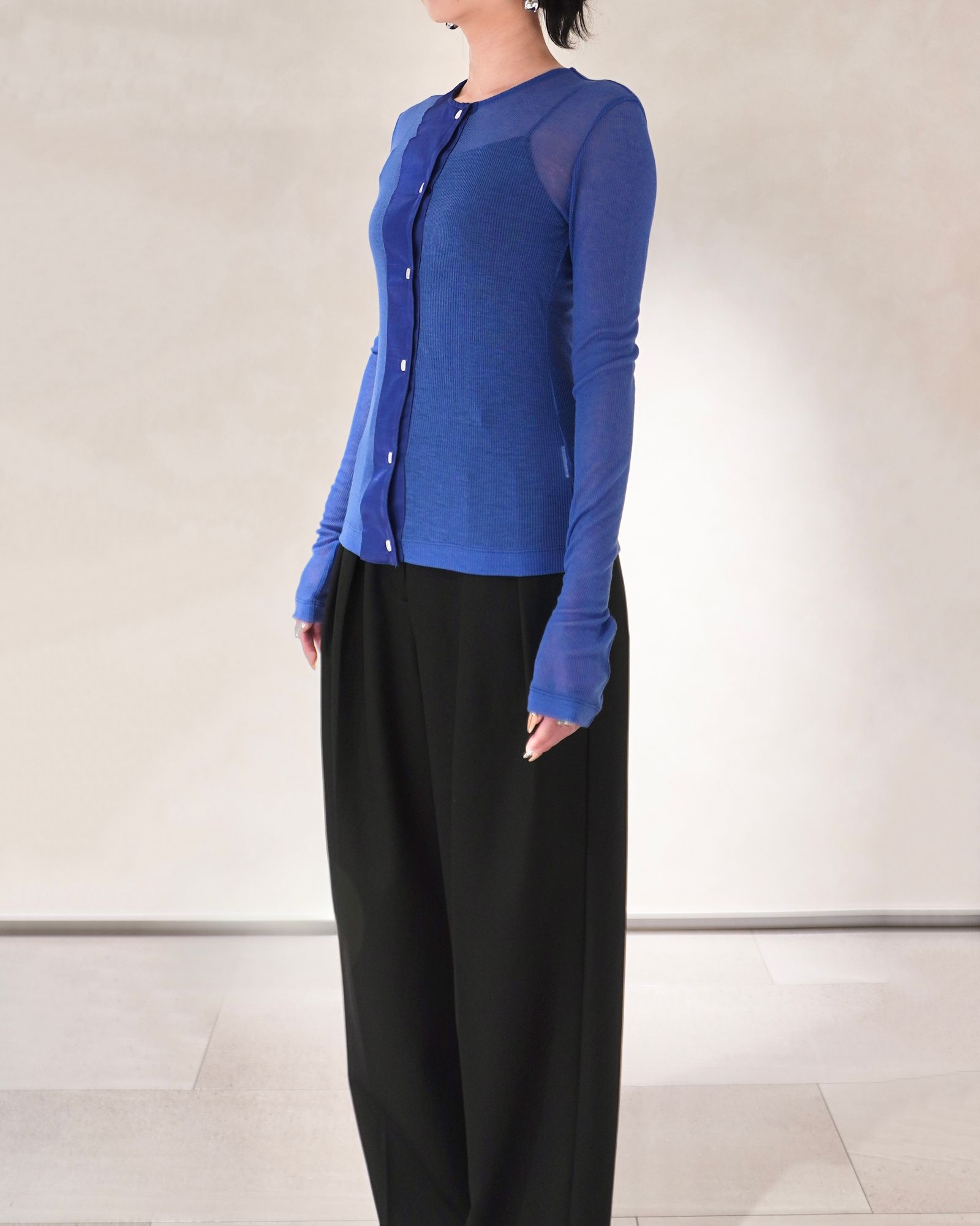 アシンメトリー リブトップス (ブルー) ASYMMETRIC PANEL SHEER RIB TOP (Blue) / 26SS