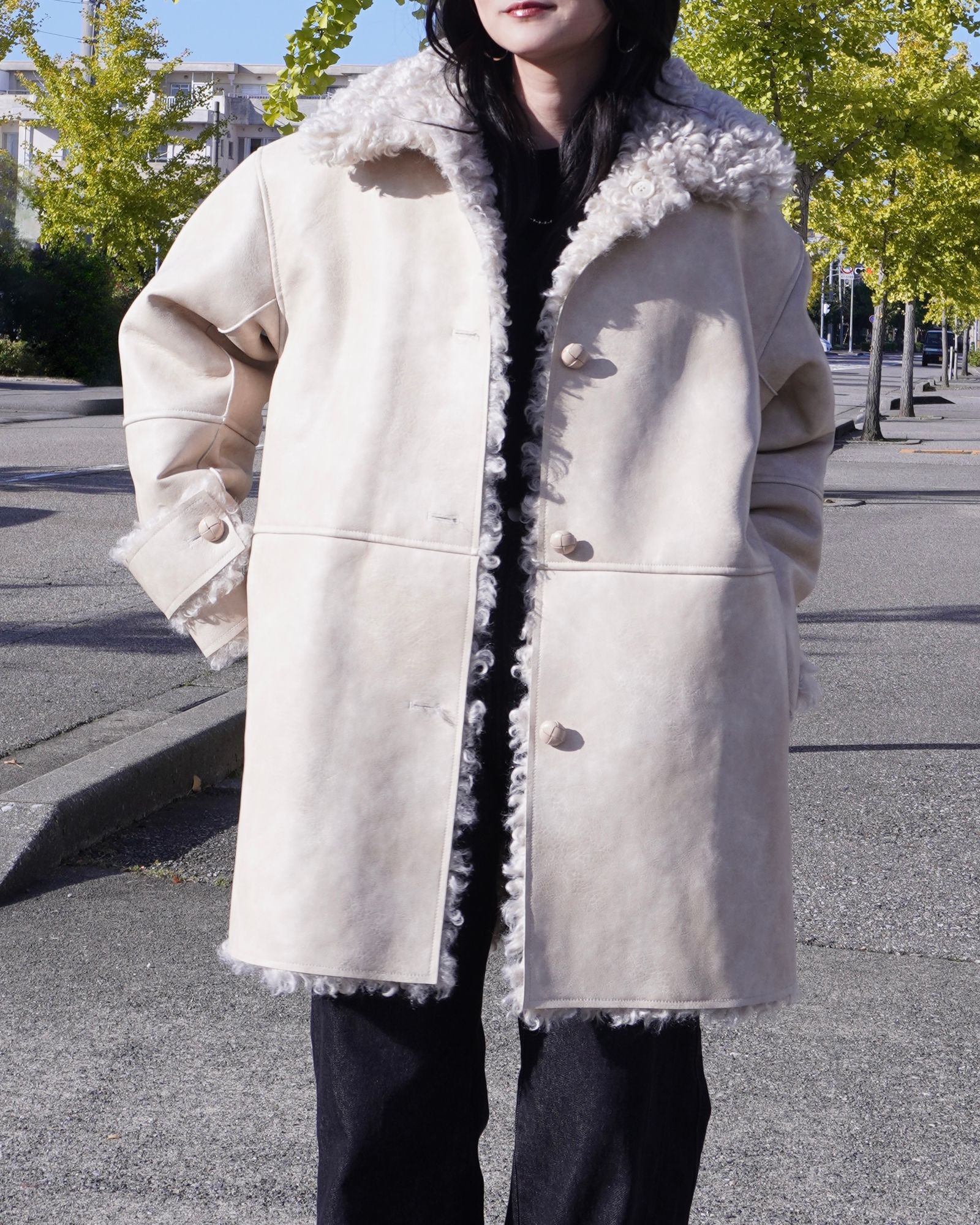 【25AW】Vintage Like Fake Mouton Reversible Coat (クリーム) / ヴィンテージライクムートン リバーシブルファーコート / エコファー / フェイクファー