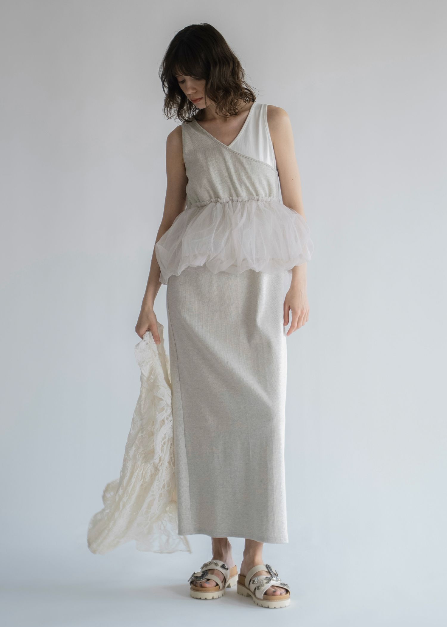 tulle peplum docking rib OP (Oatmeal) / チュールペプラムワンピース (オートミール) / 26SS