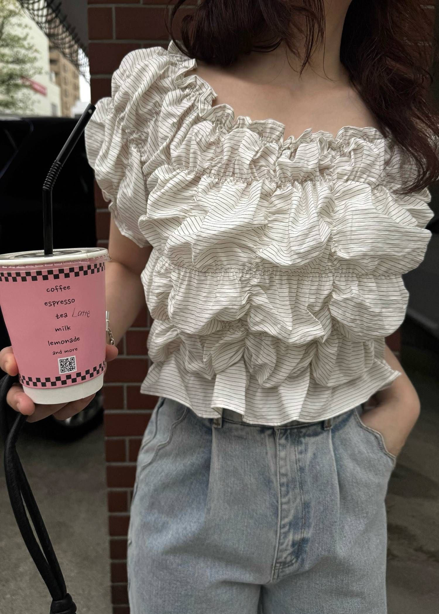 ホイップ ストライプトップス (アイボリー) whip shirring stripe 2way tops (Ivory) /  26SS