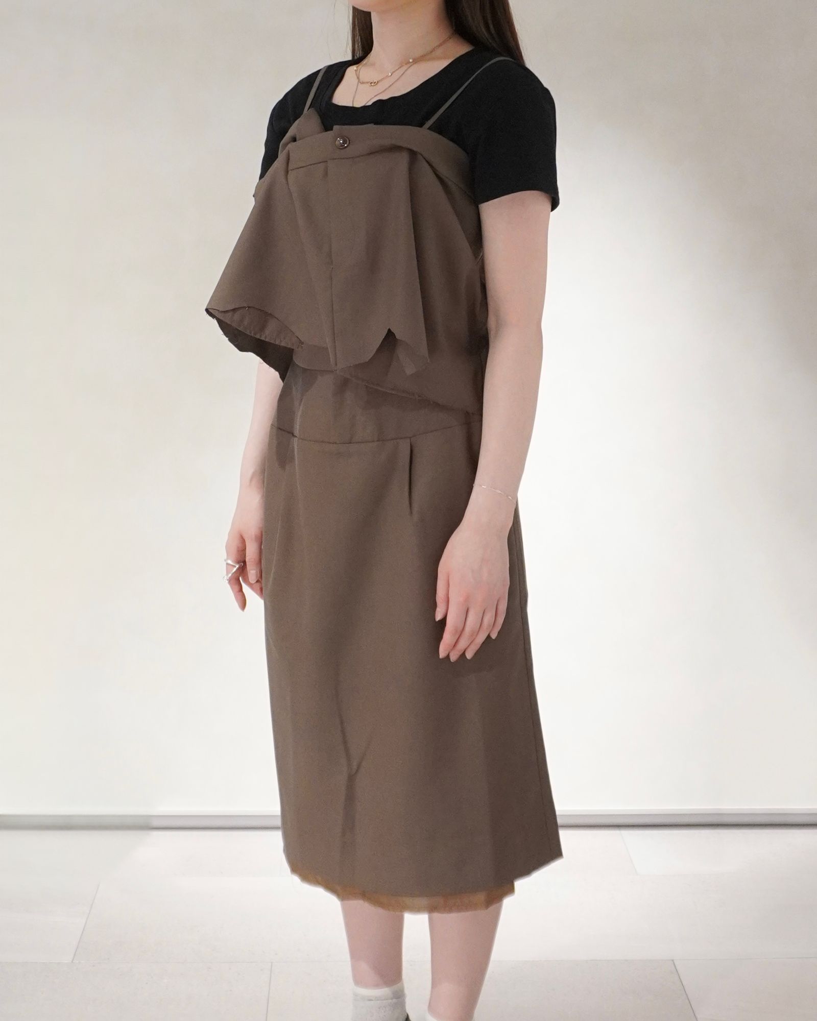 レイヤード ミディアム丈スカート (ブラウン) cut layered mid length skirt (Brown) /  26SS