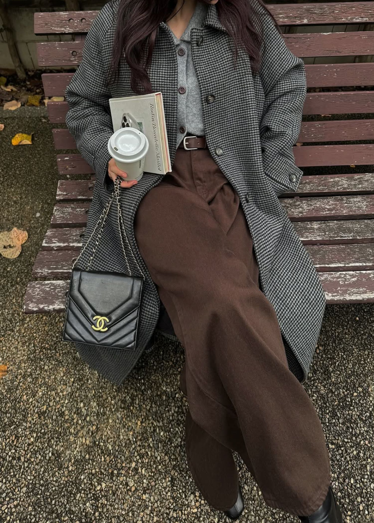 hound tooth soutien collar quilting coat / ハウンドトゥース ステンカラーコート (チャコール) / 25AW /