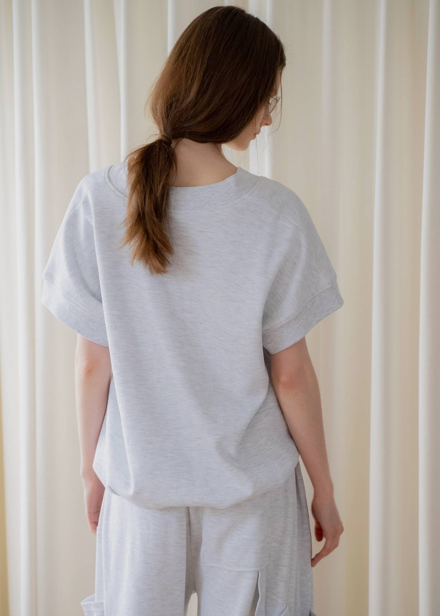 バルーンヘム スウェット半袖トップス (オートミール) balloon hem moss stitch sweat tops (Oatmeal) /  26SS