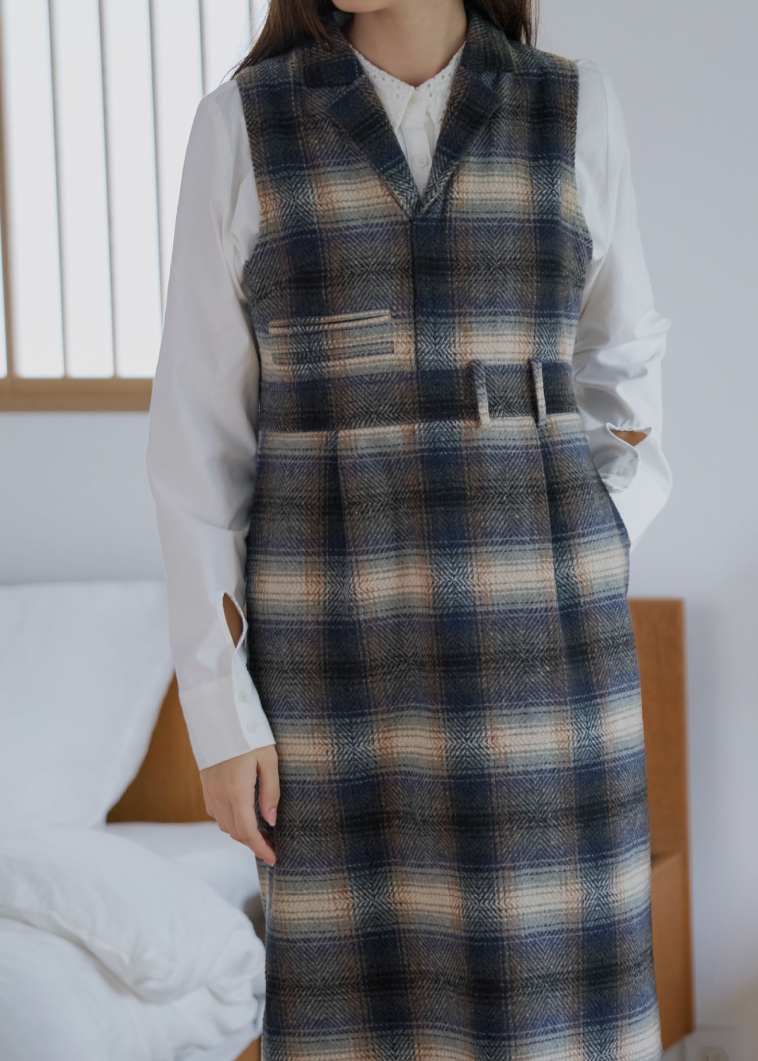 tailored collar no sleeve check OP / テーラード ノースリーブ チェックワンピース (フォグ) / 25AW /