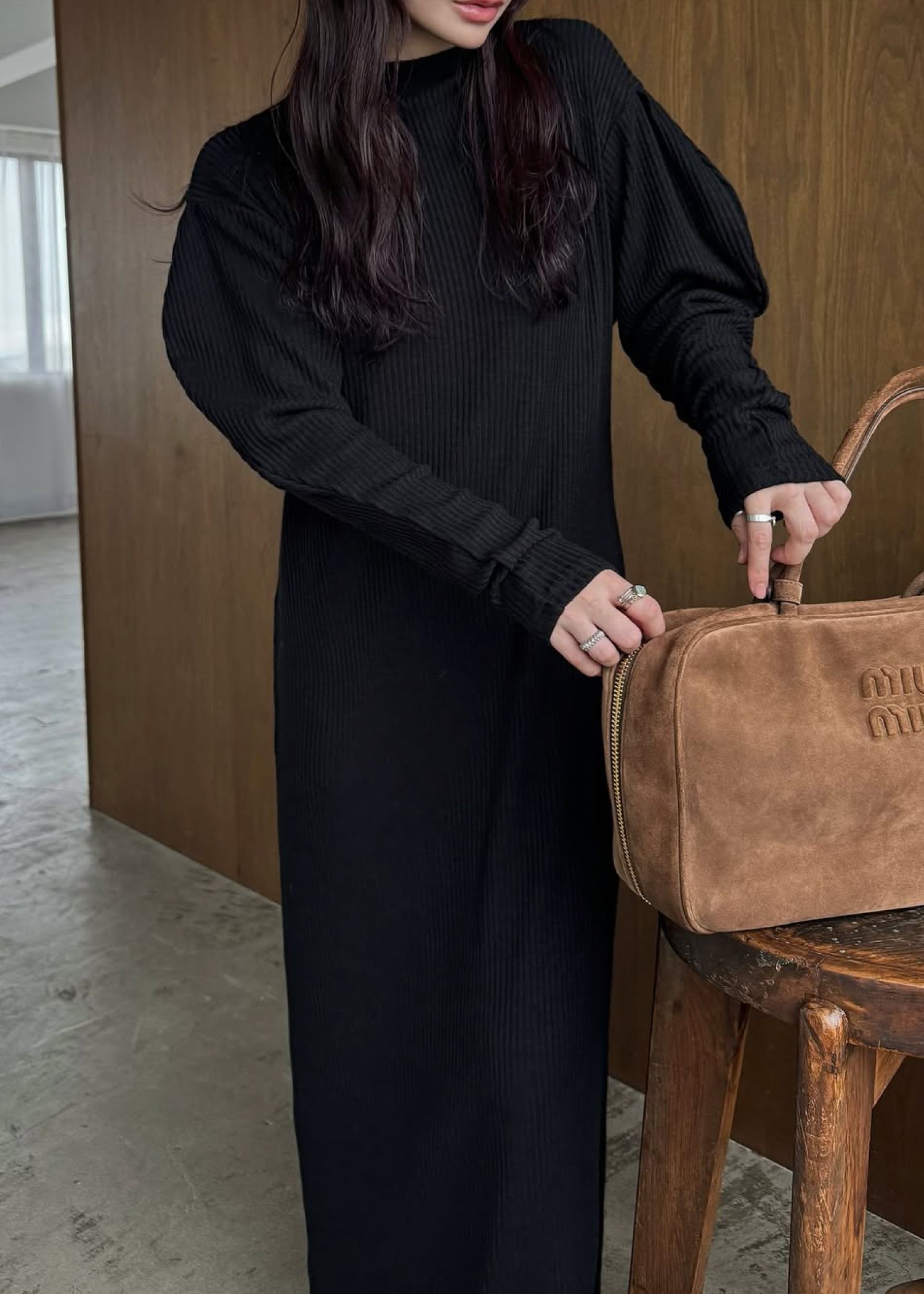 volume sleeve high neck rib OP / ハイネックリブワンピース (ブラック) / 25AW /