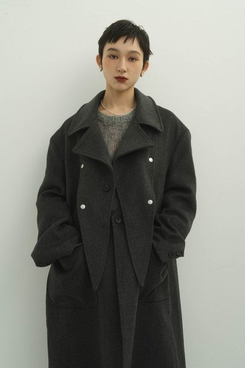 2way accent collar long coat / アクセントカラー ロングコート (チャコール)