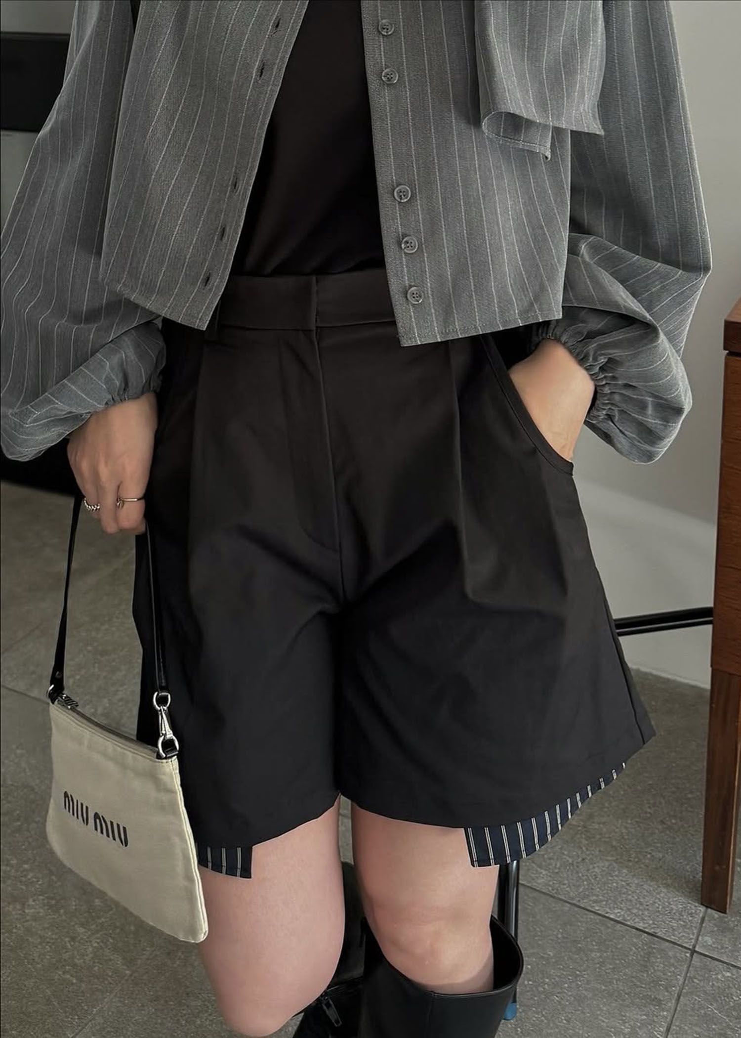 stripe pocket peep tuck chino S/PT / タックチノ ショートパンツ (ブラック) / 25AW