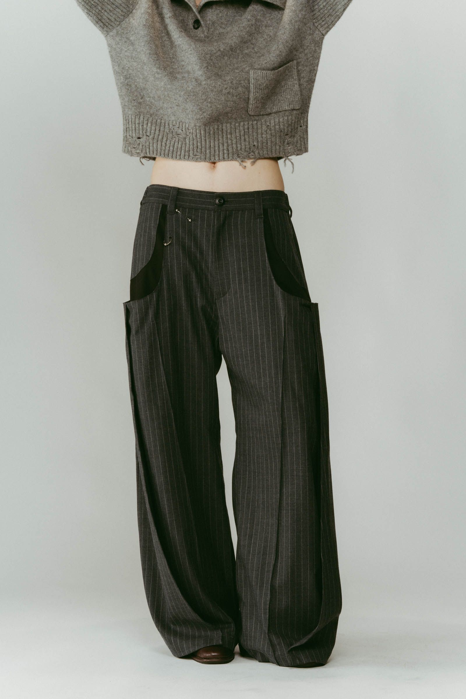 pierced drape pants(unisex) / ピアス ドレープ パンツ (ストライプグレー) / 25AW