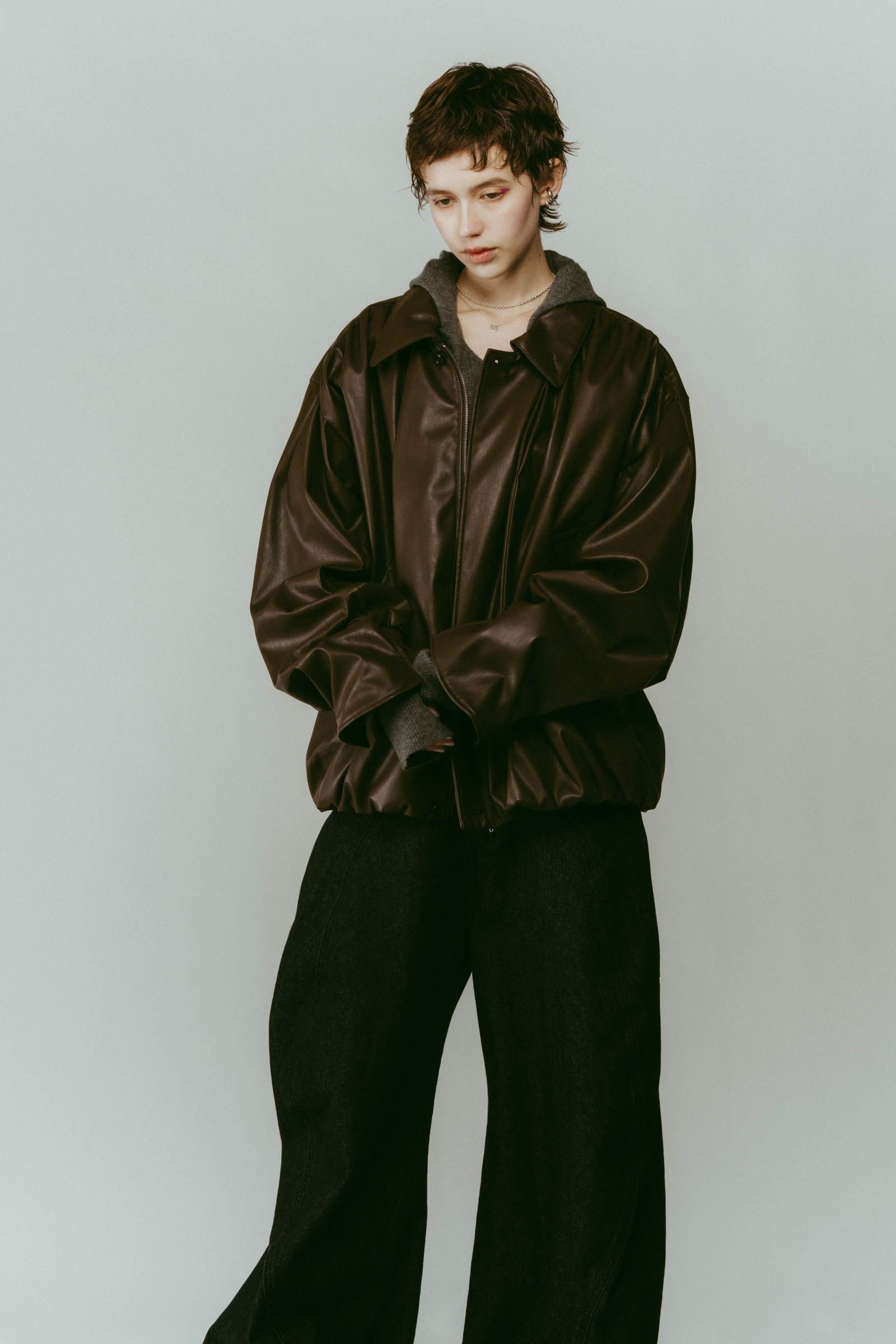 voluminous leather jacket(unisex) / ボリュームレザージャケットブルゾン (ブラウン) / 25AW