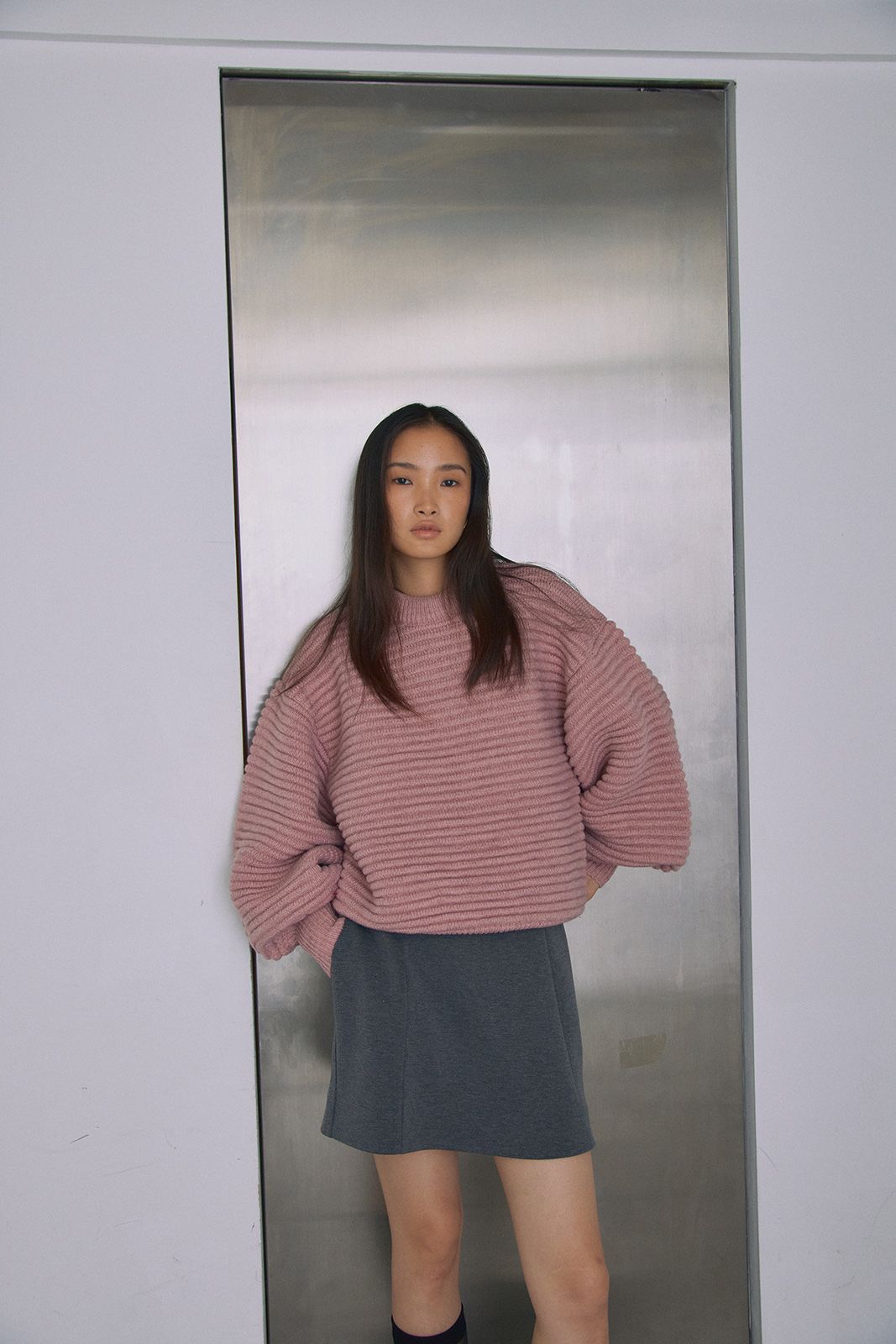 ボリュームスリーブニットトップス (ピンク) Raglan Sleeve Long Coat (Pink) / 26AW