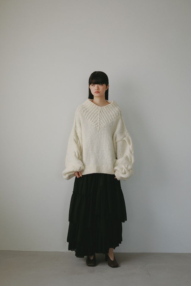 COTTON TIERED SKIRT / コットンティアードスカート (ブラック) ミモレ丈 / ウエストゴム / ペチコート付き