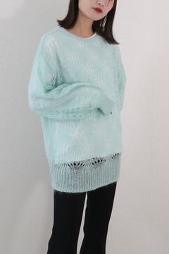 MOHAIR WOOL CROCHET KNIT PULLOVER / モヘアウールクロシェニットプルオーバー (ミント)オーバーサイズ