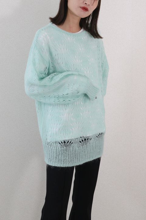MOHAIR WOOL CROCHET KNIT PULLOVER / モヘアウールクロシェニットプルオーバー (ミント)オーバーサイズ