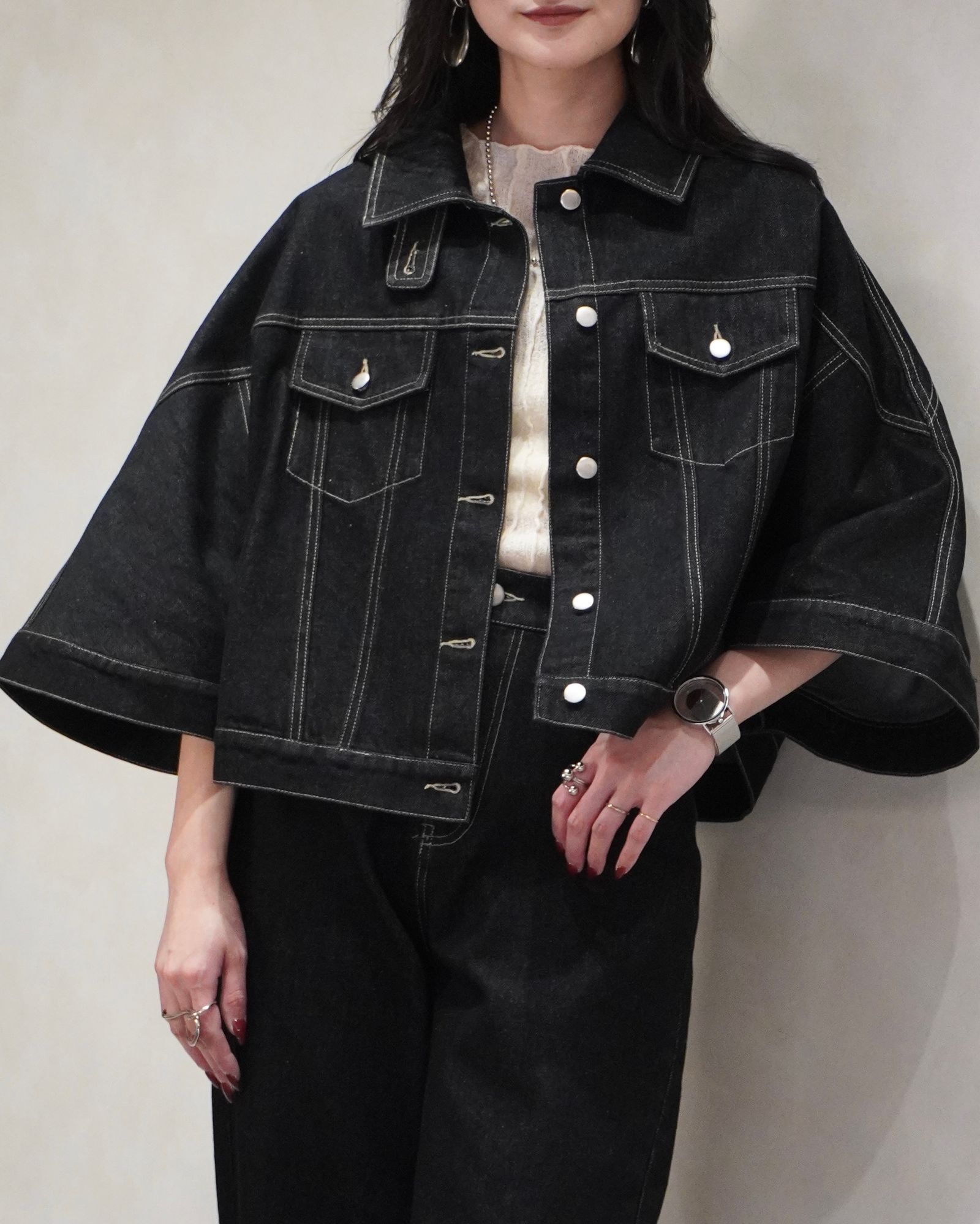 trucker detail denim poncho JK / トラッカー ポンチョ デニムジャケット (Black) / 26SS