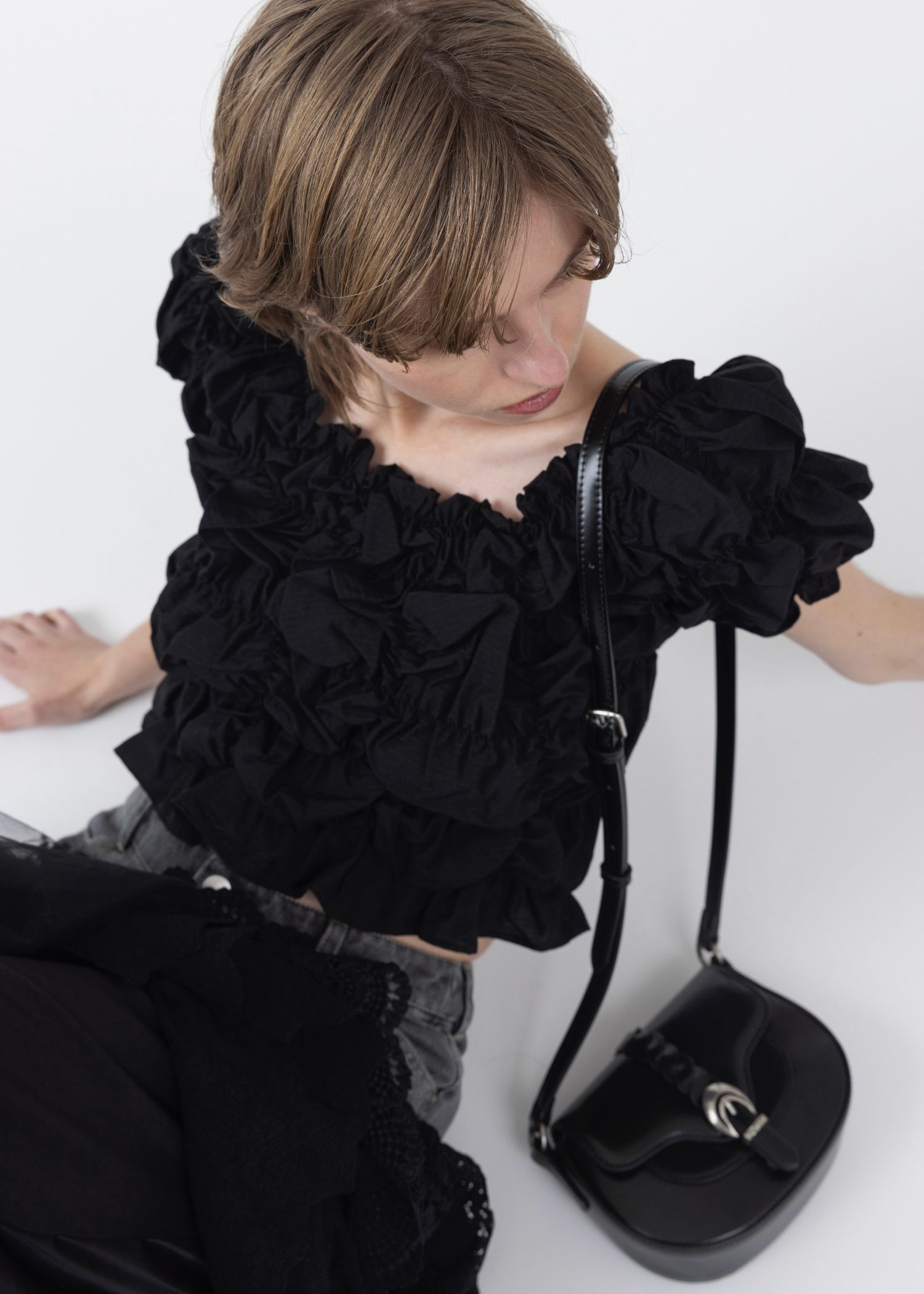 ホイップ ストライプトップス (ブラック) whip shirring stripe 2way tops (Black) /  26SS