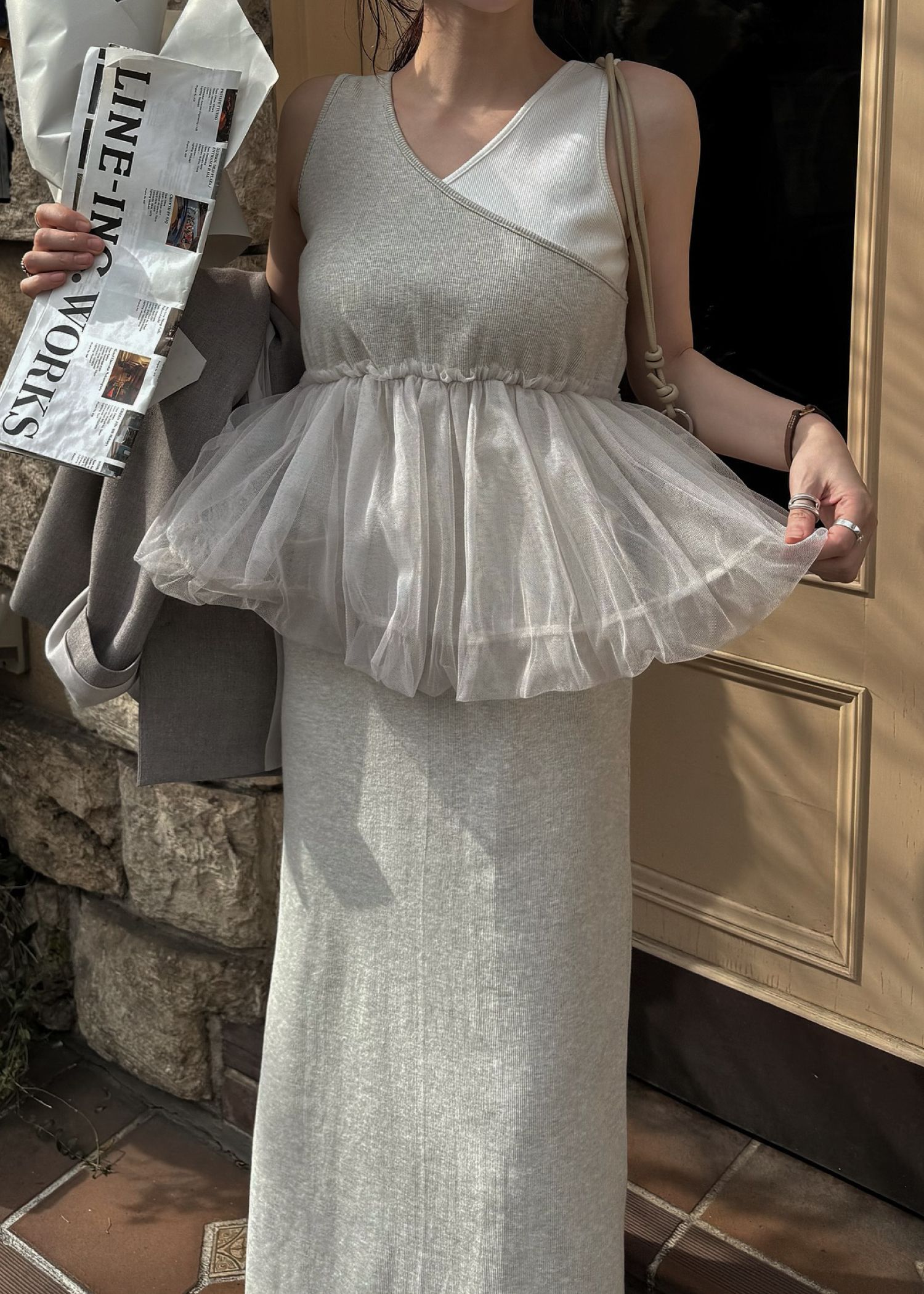 tulle peplum docking rib OP (Oatmeal) / チュールペプラムワンピース (オートミール) / 26SS