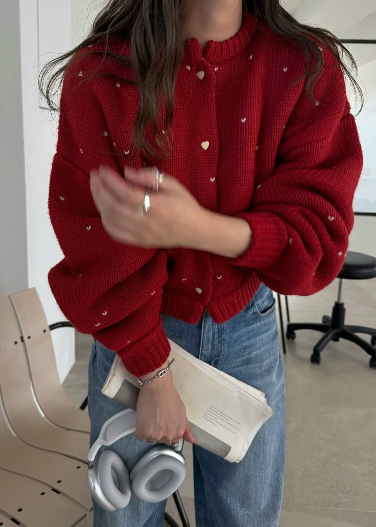 【ショート】ハートドット リバーシブルカーディガン (レッド×タン) short heart dot jacquard reversible knit cardigan (red×tan) /  26SS
