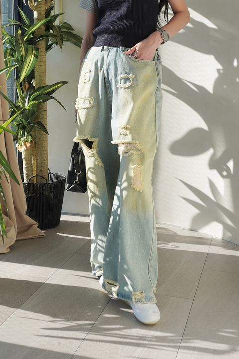ダメージ デニムパンツ (サックスブルー) damage denim pants