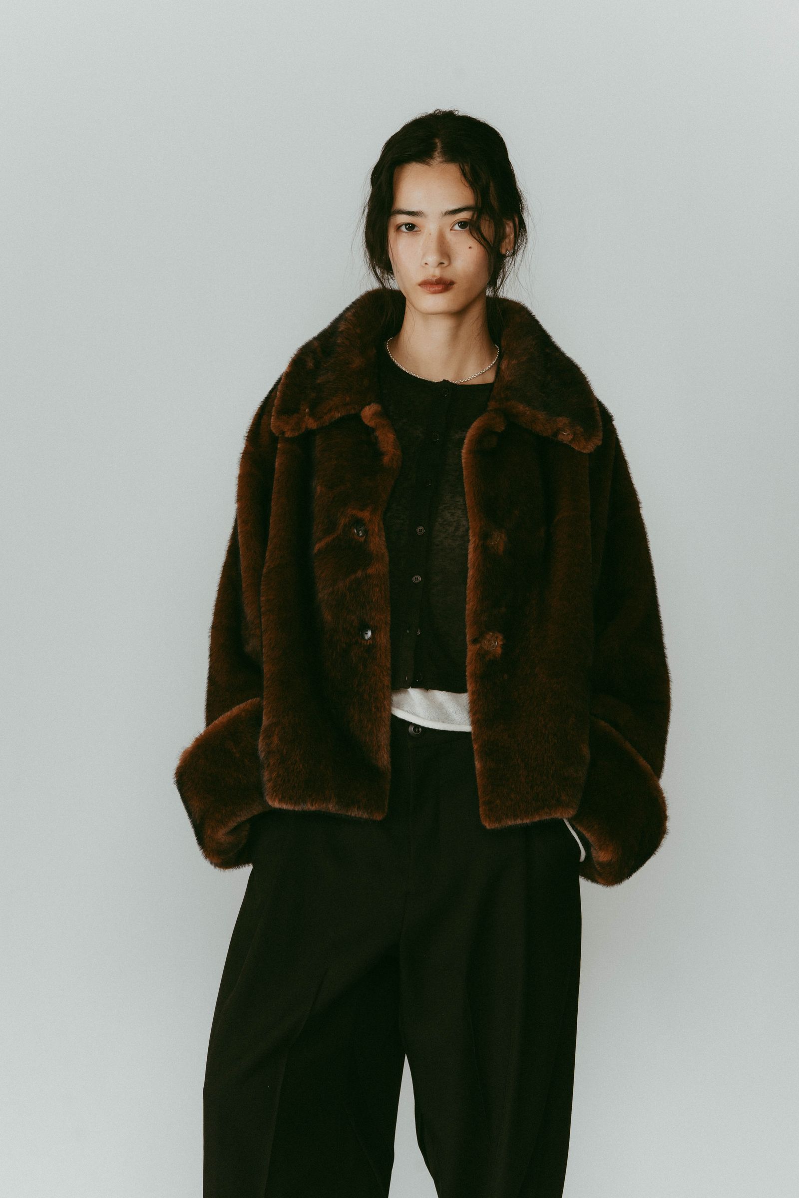 point collar fur coat / ポイントカラー ファーコートジャケット (ブラウン) / 25AW