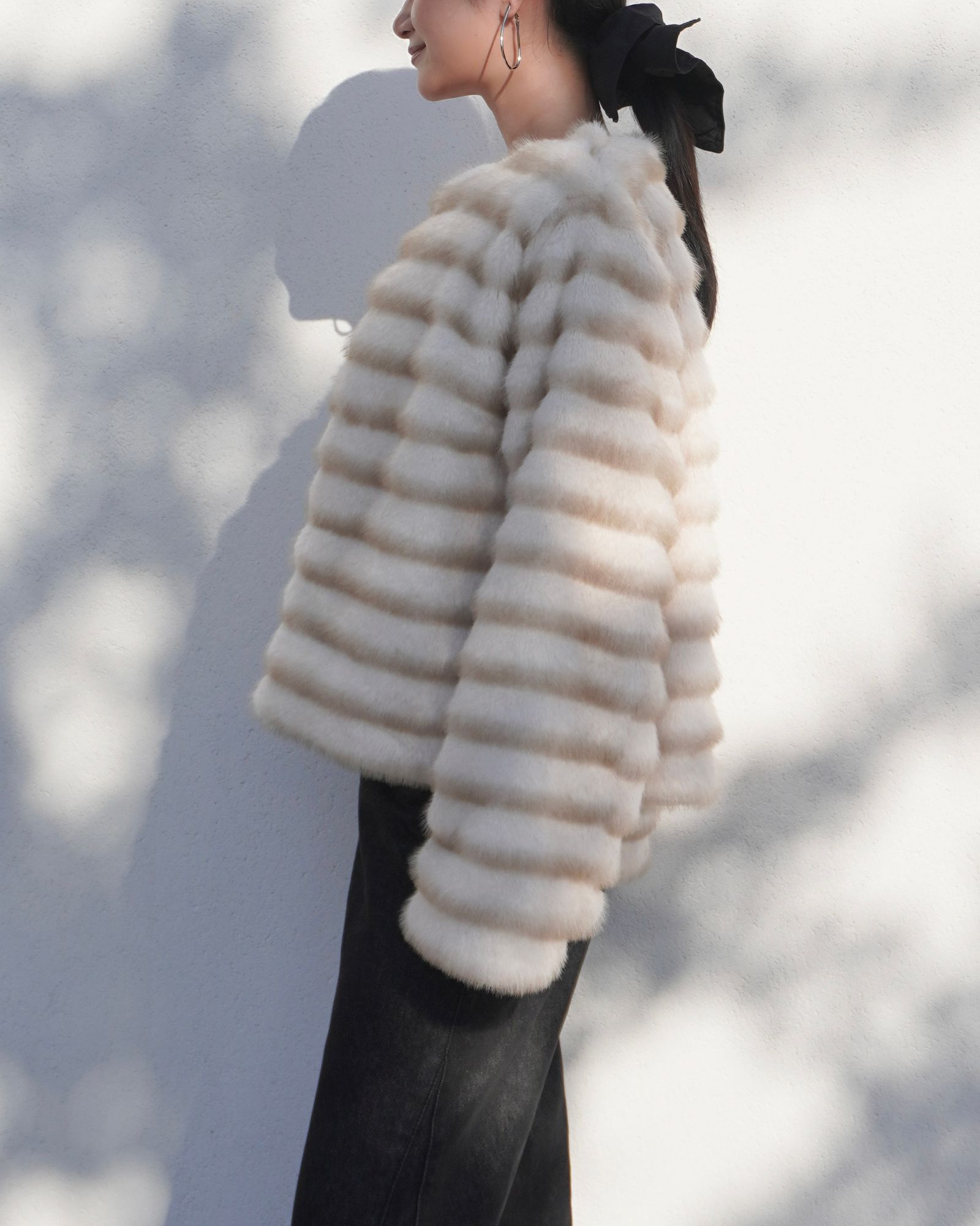 【25AW】Gradation Border Fur Jacket (アイボリー) / グラデーションボーダーファー ジャケット / エコファー / フェイクファー