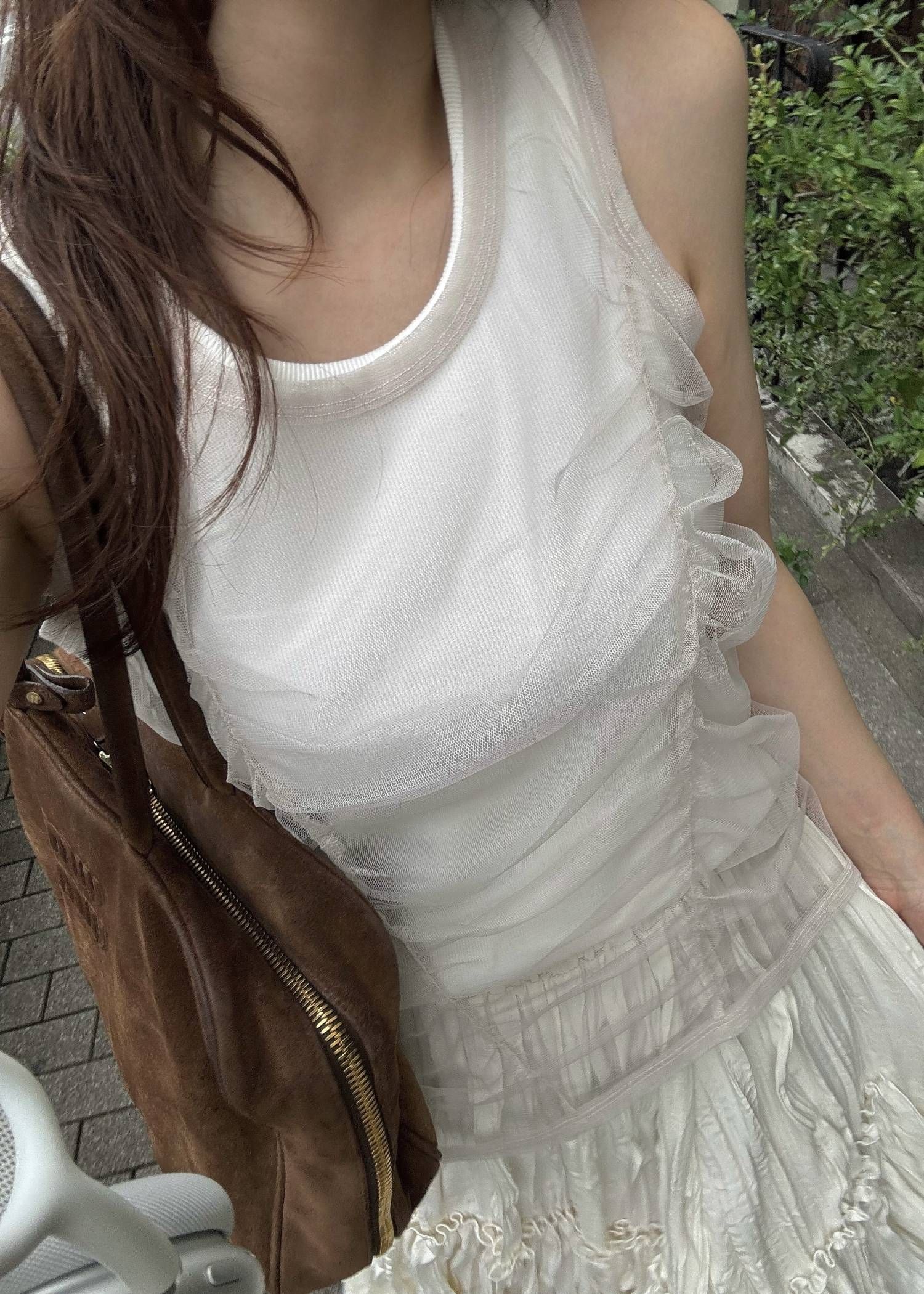 チュールリブタンク (ホワイト) gather tulle layered rib tank (White) /  26SS