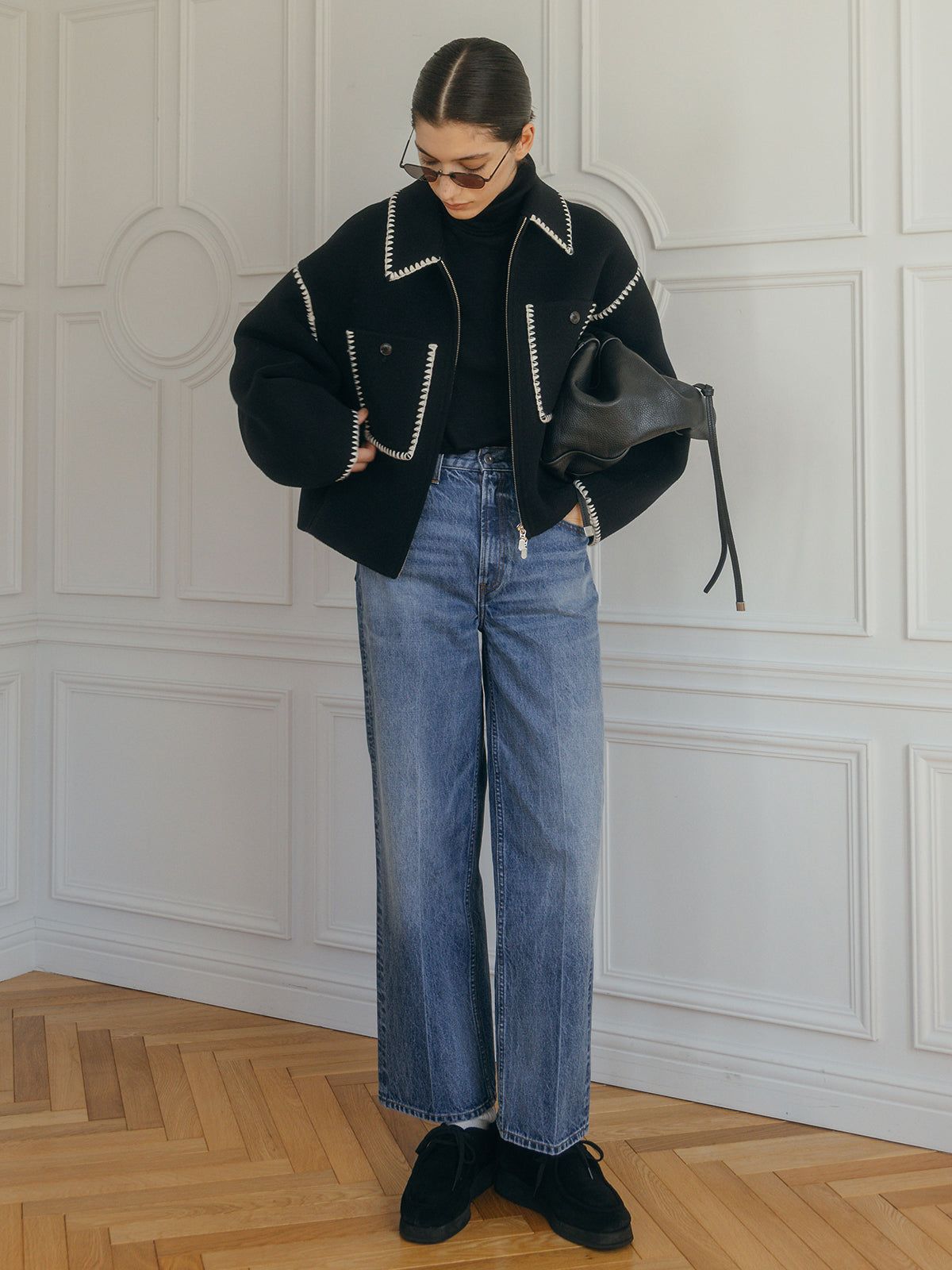 【25AW】WOOL EMBROIDERY SHORT ZIP JACKET / ウールエンブロイダリー  (ブラック)