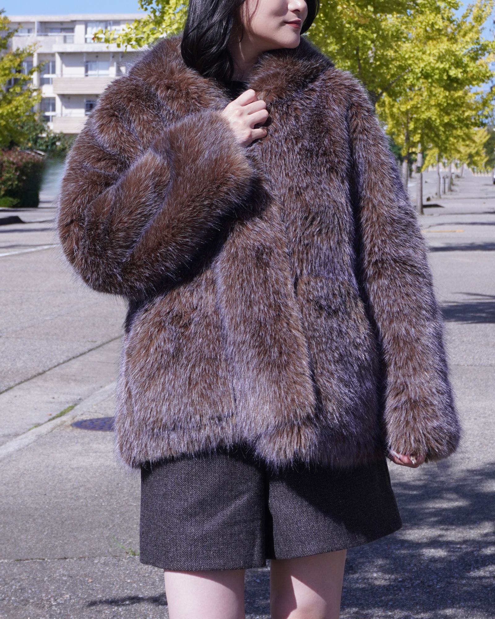 【25AW】Fox Like Fur Hoodie Coat / フォックスライクファー リバーシブルフーディコート (ブラウン) / エコファー / フェイクファー