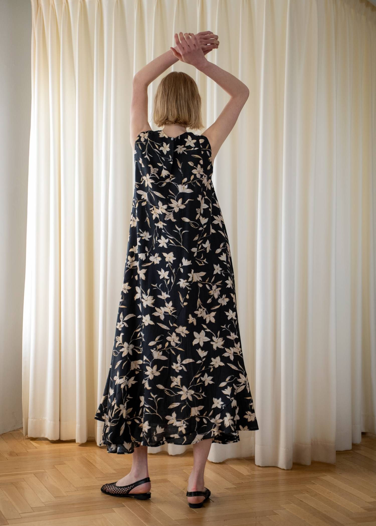 フラワーパッチワークワンピース (ブラック) flower panel patchwork flare OP (Black) /  26SS