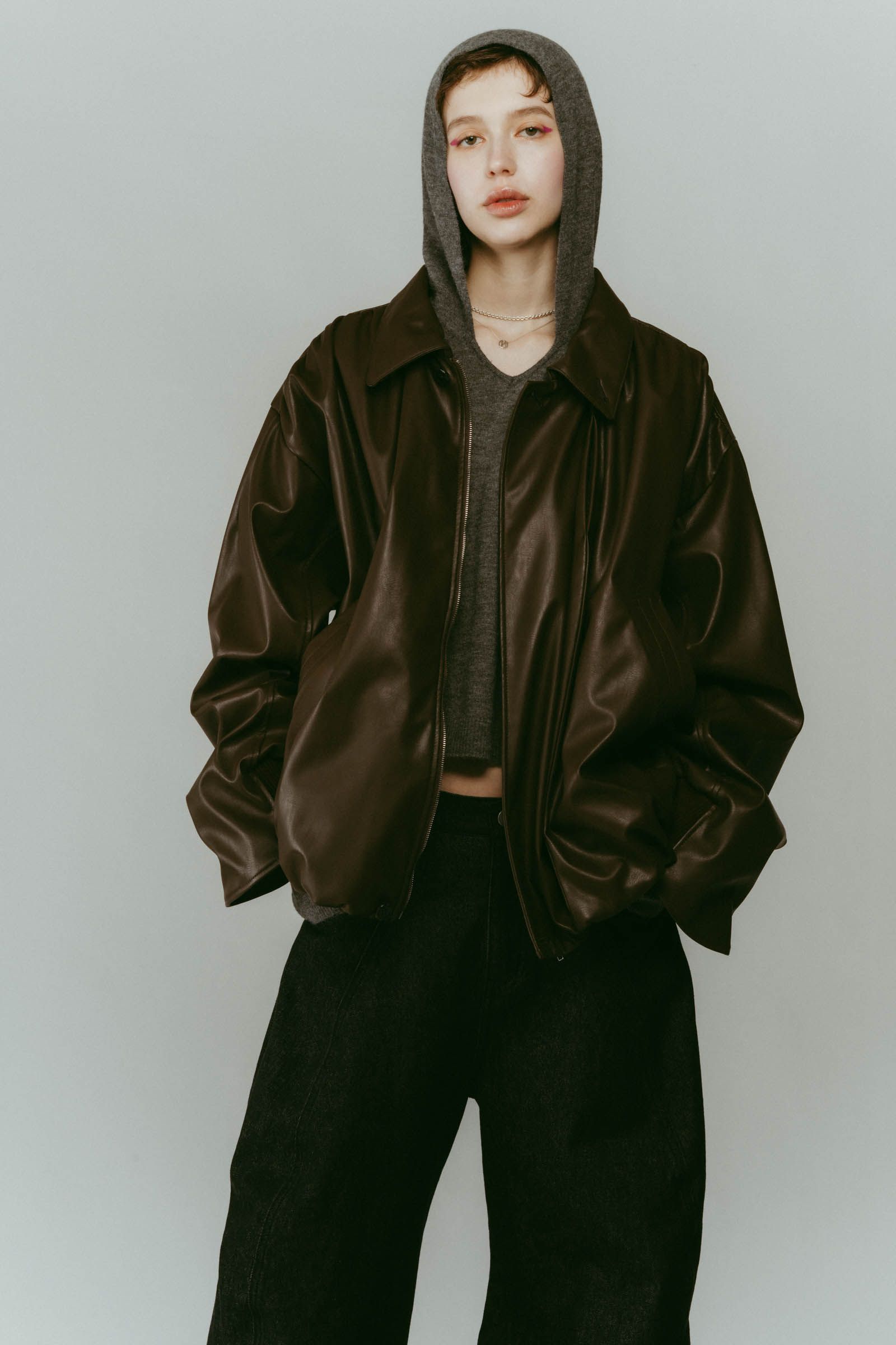 voluminous leather jacket(unisex) / ボリュームレザージャケットブルゾン (ブラウン) / 25AW