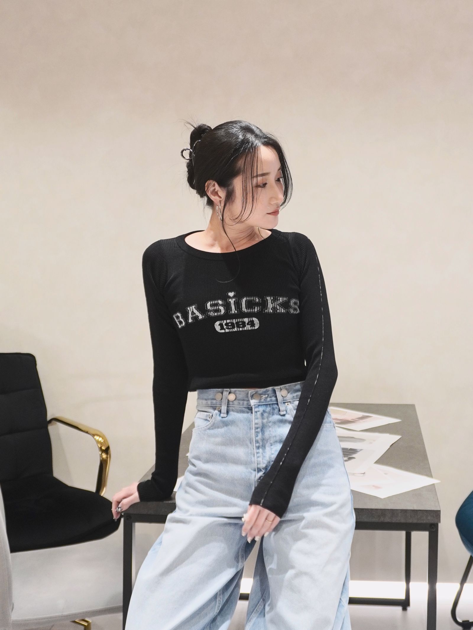 Rib Football Knit / リブフットボールニット (ブラック) / レディース